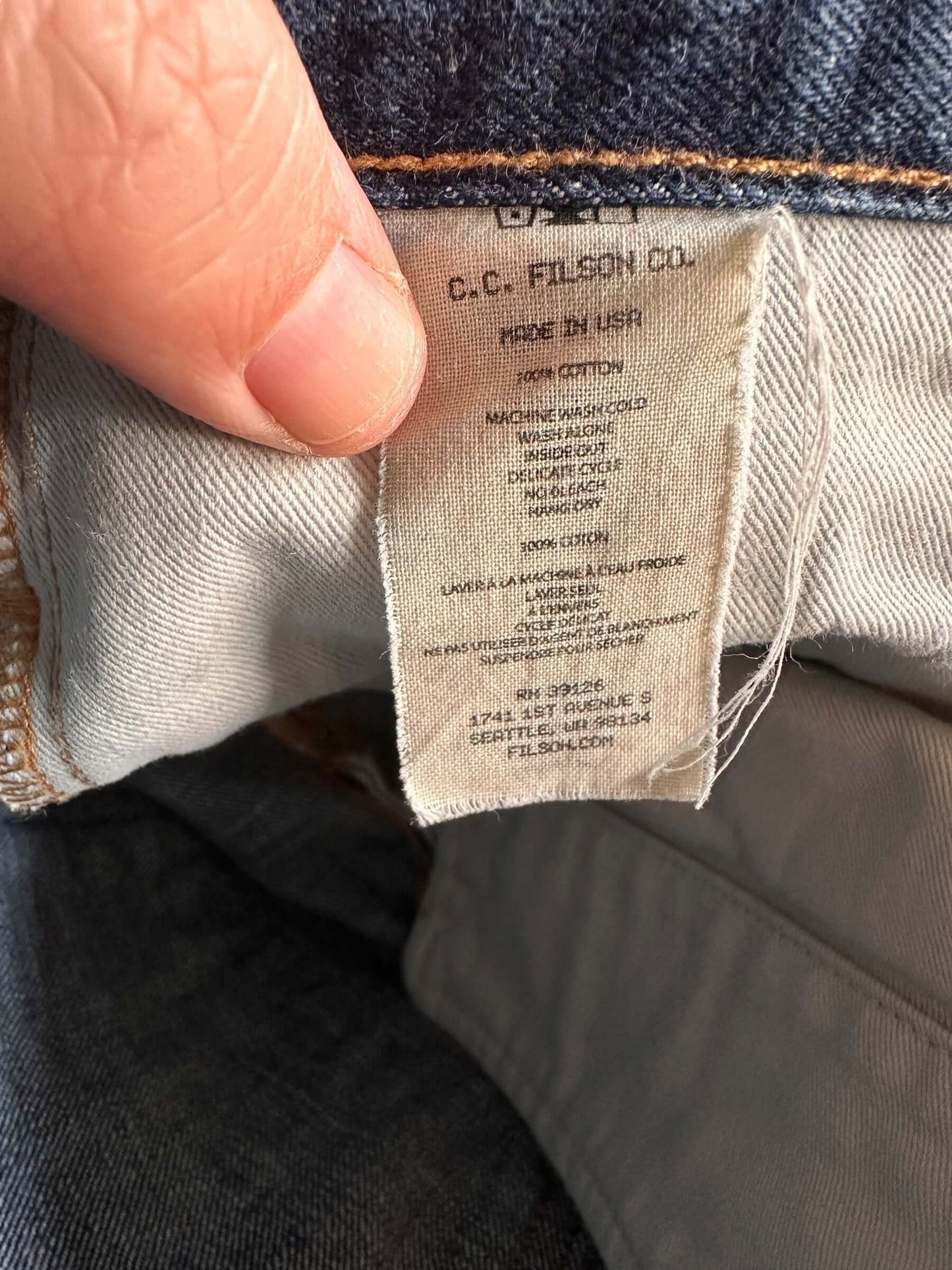 Production Tag View of Filson Selvedge Dungarees W31 | Filson Jeans | Filson Denim Workwear Seattle