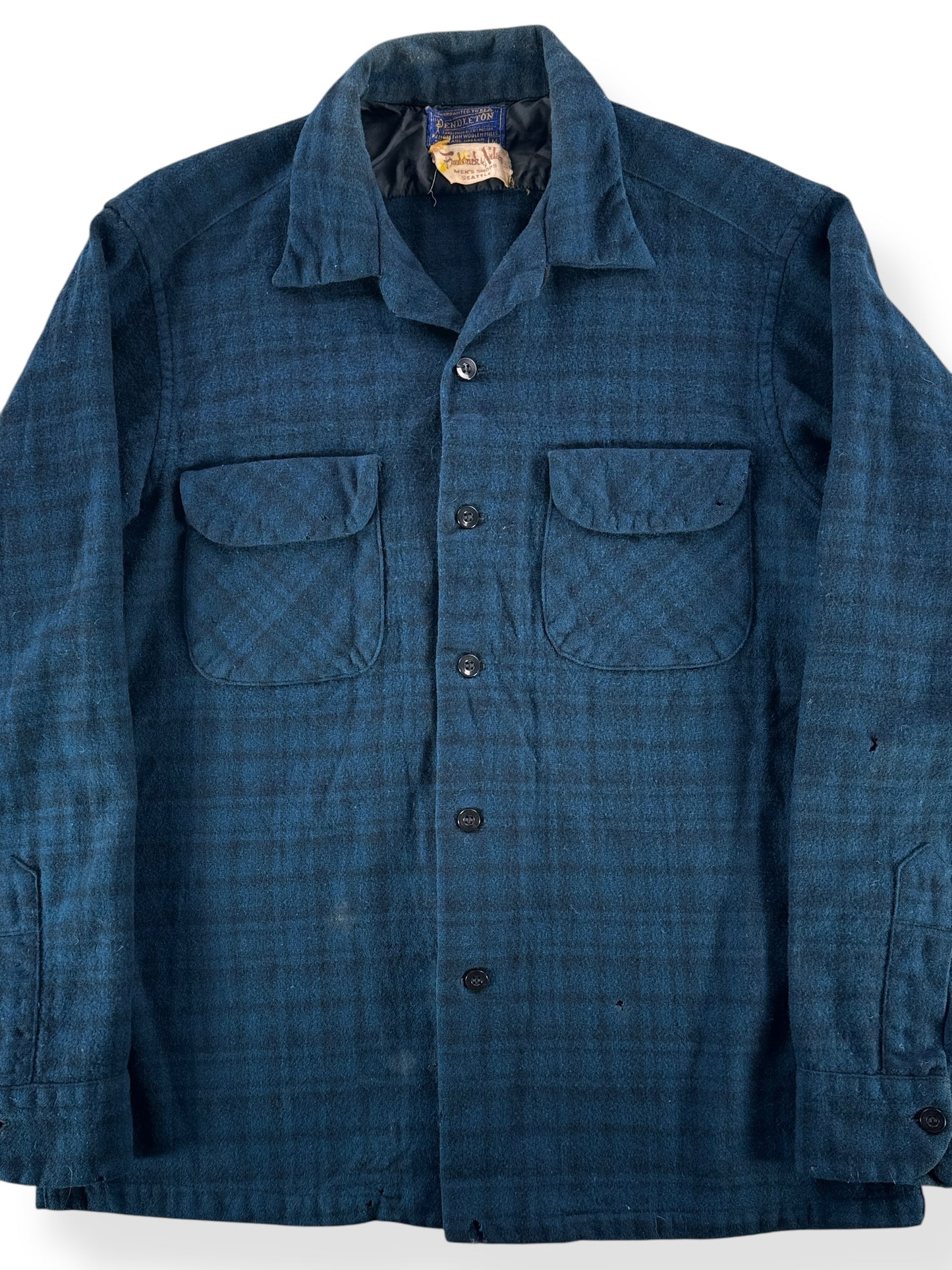 Front Close Up of Vintage Frederick & Nelson Pendleton Thrashed Board Shirt SZ M AS IS