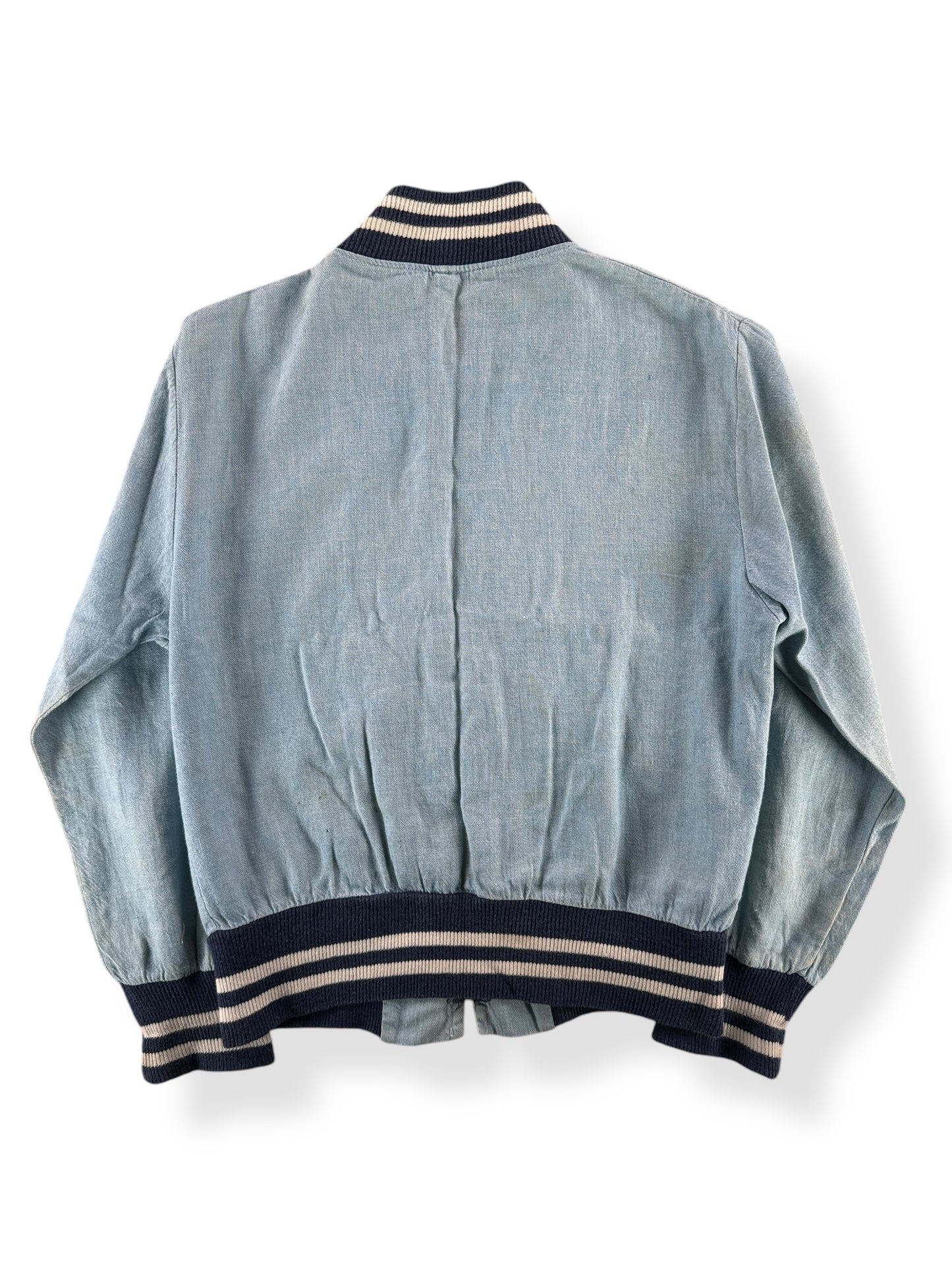 Back of Vintage Petite Baby Blue Bomber SZ XS
