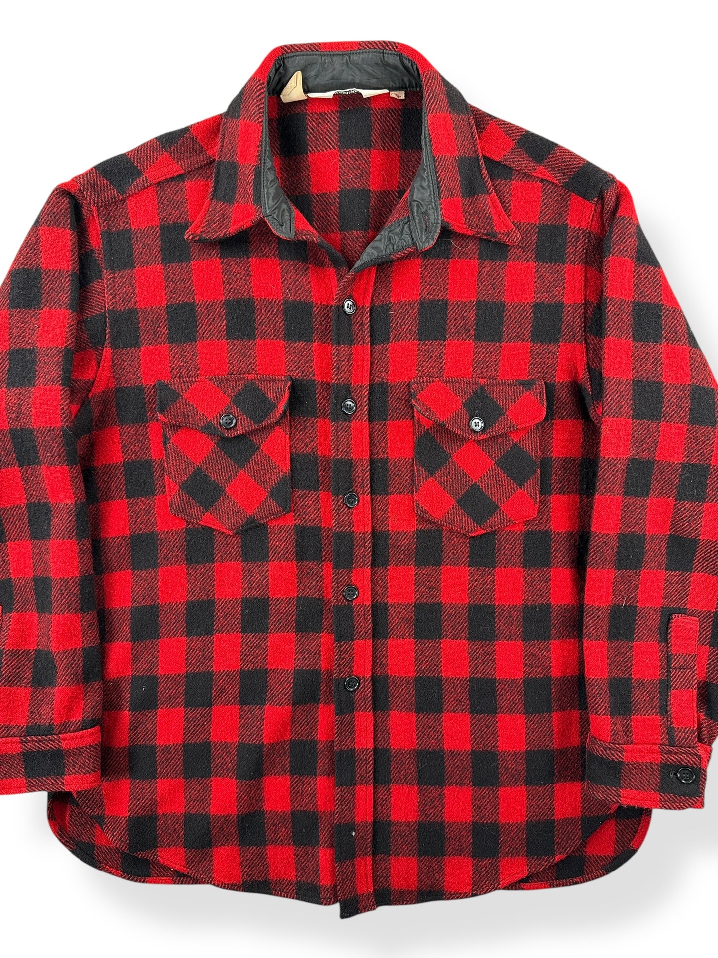Front Close Up of Vintage Woolrich Buffalo Plaid Flannel SZ XL