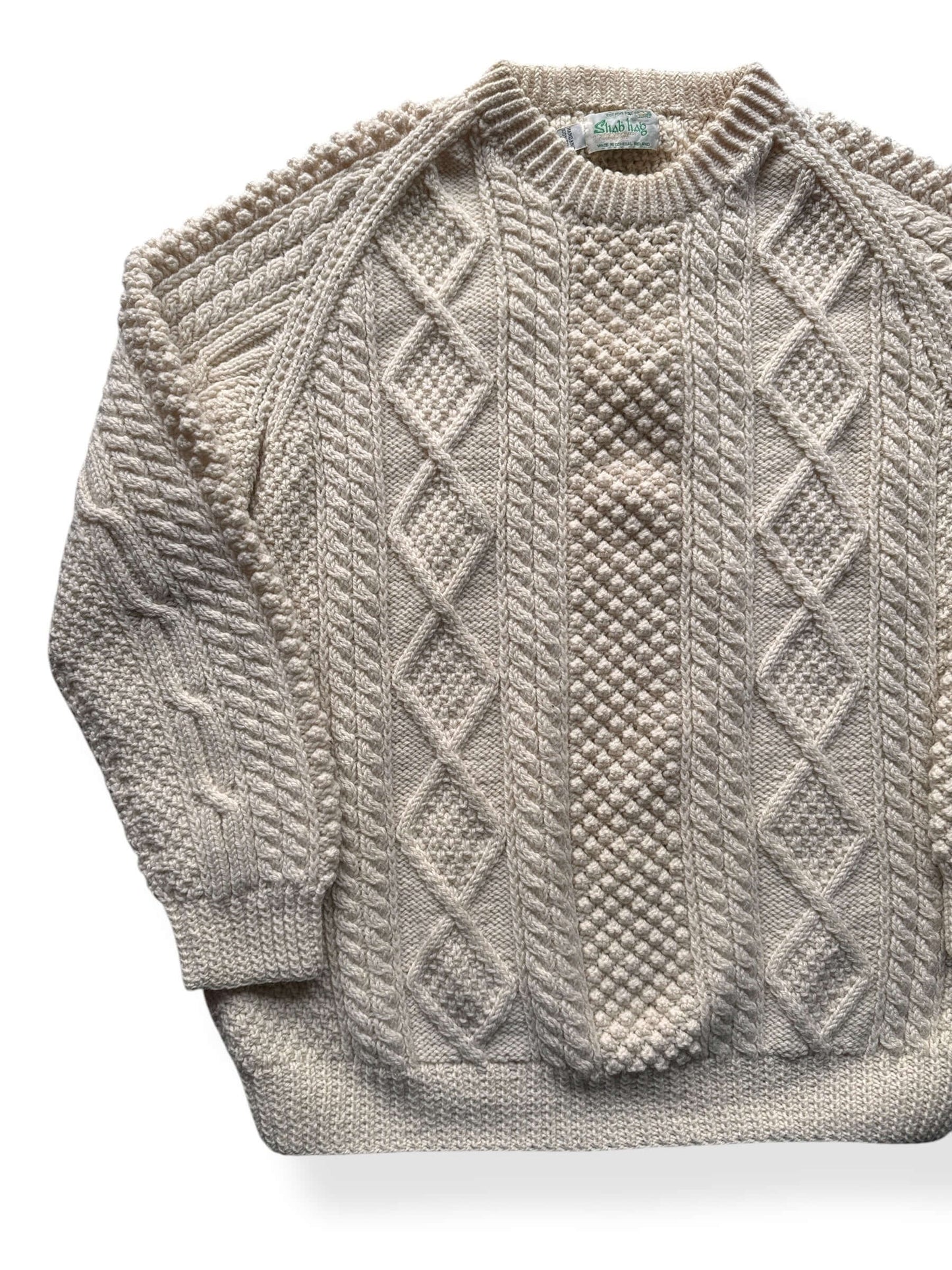 Front Right of Vintage Sliab Liag Cream Irish Cable Knit Fishermans Sweater SZ XL