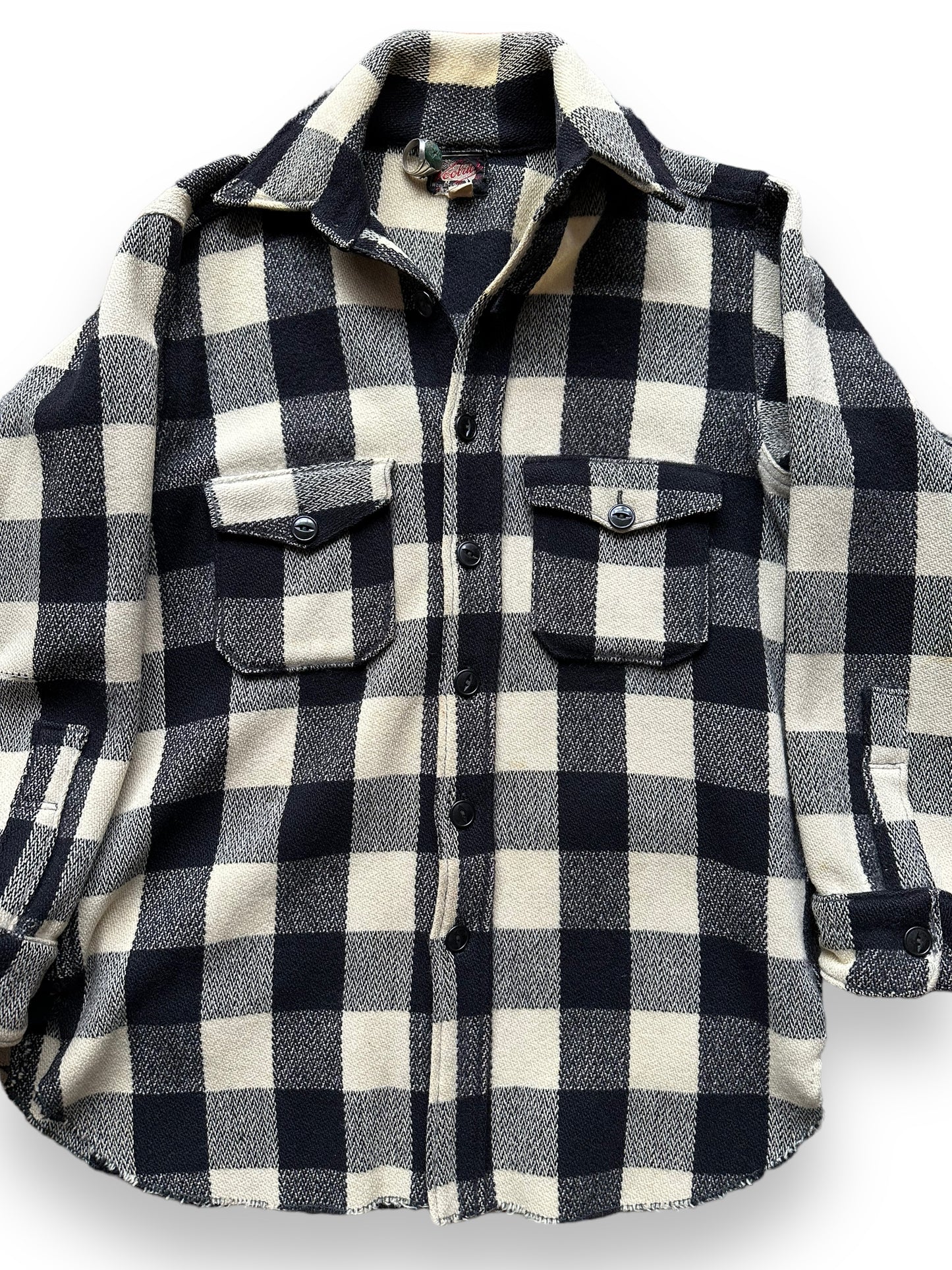 Front Detail on Vintage 1930-40s Era Woolrich Black & White Wool Jacket SZ L | Barn Owl Vintage Goods | Vintage Workwear Seattle