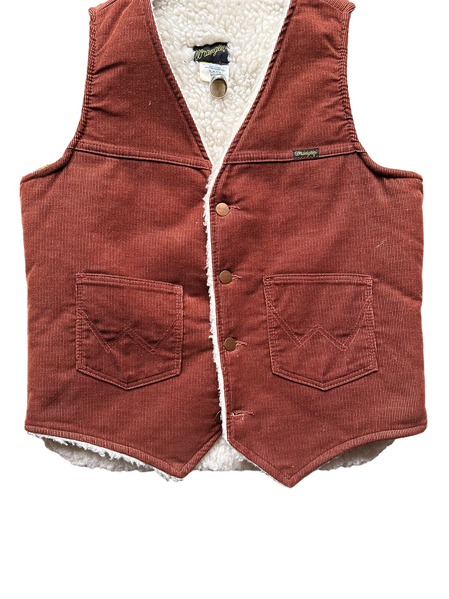 Front Detail on Vintage Rust Colored Wrangler Shearling Vest SZ M | Vintage Sherpa Vest Seattle | Barn Owl Vintage Seattle