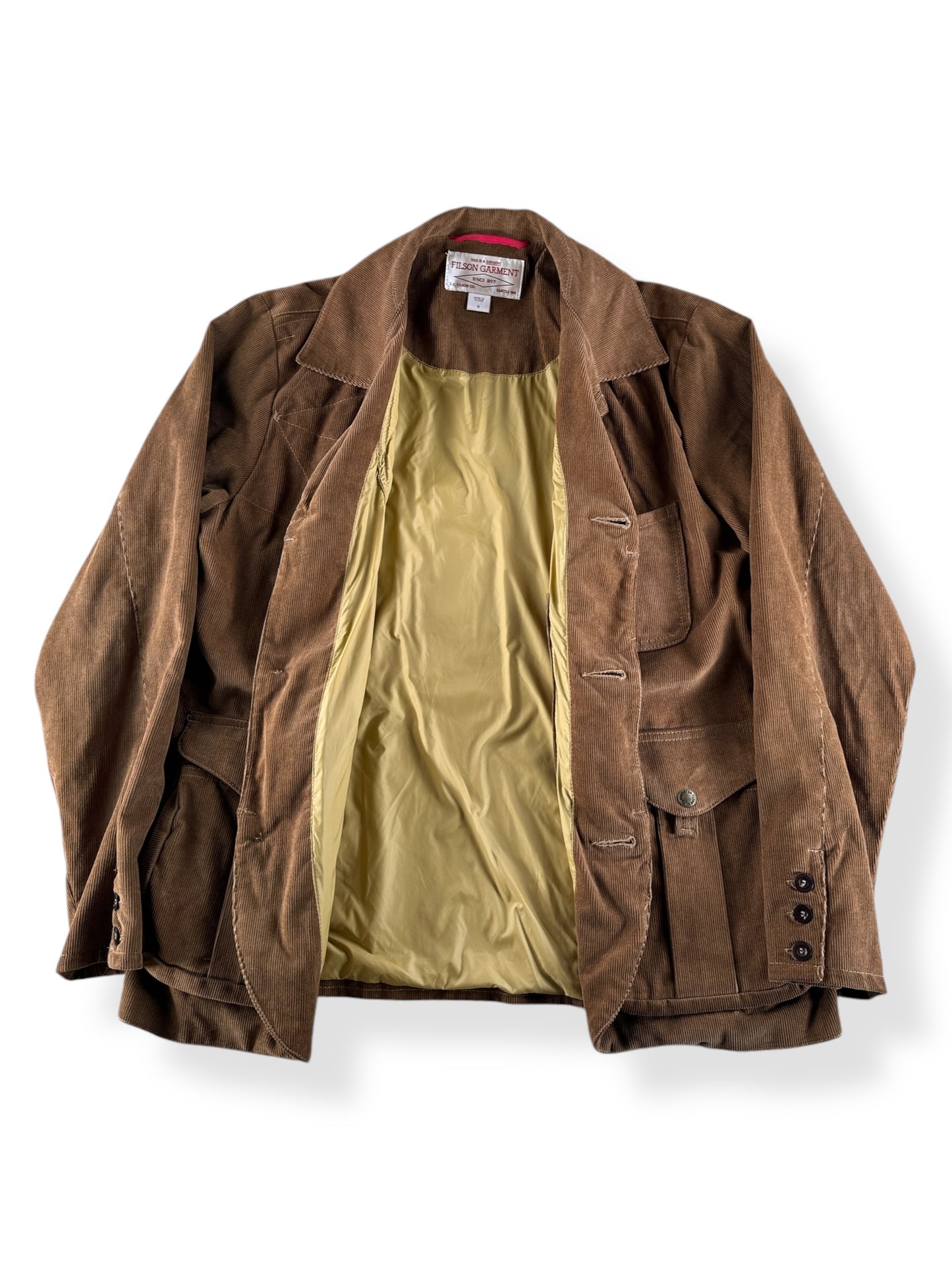 Inside of Filson Corduroy Dark Tan Guide Work Jacket SZ M