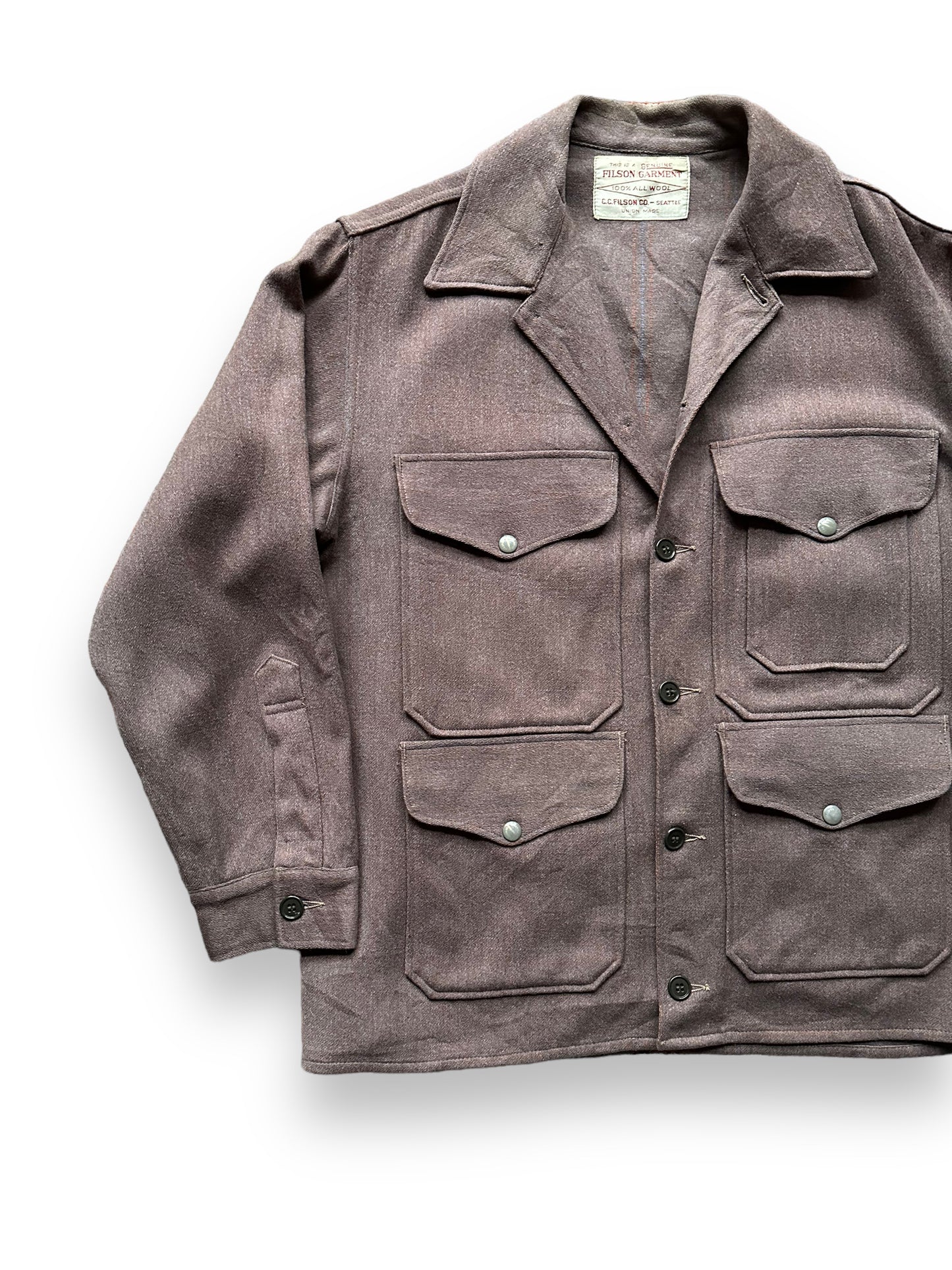 Front Right View of Rare Vintage Filson Pin Striped Union Made Cruiser Coat SZ 44 | Vintage Rare Filson Cruiser | Vintage Workwear Seattle