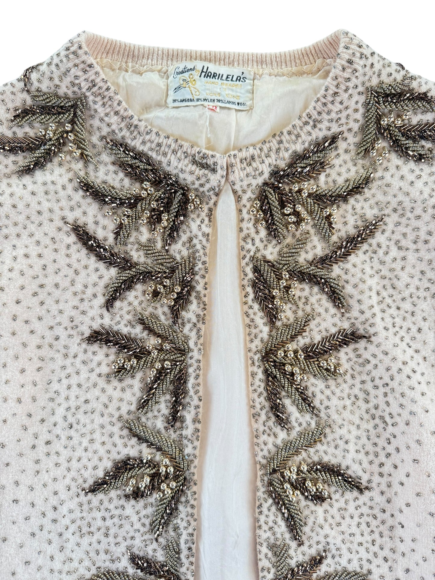 Tag and detail of 1950s Beaded Lamb's Wool/Angora Cardigan M