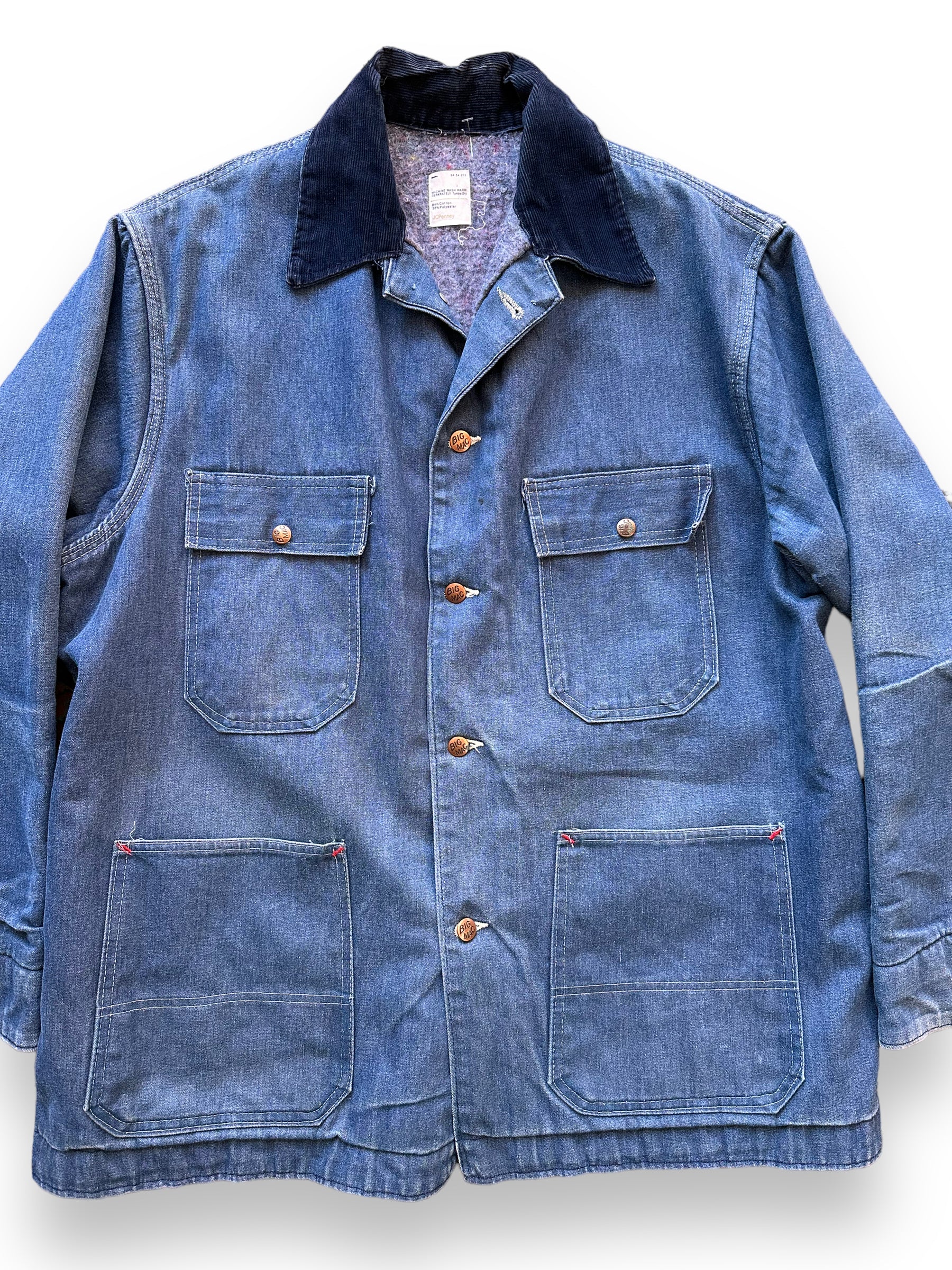 Front Detail on Vintage Big Mac Blanket Lined Denim Chore Coat SZ XL | Vintage Denim Chore Coat | Barn Owl Vintage Seattle