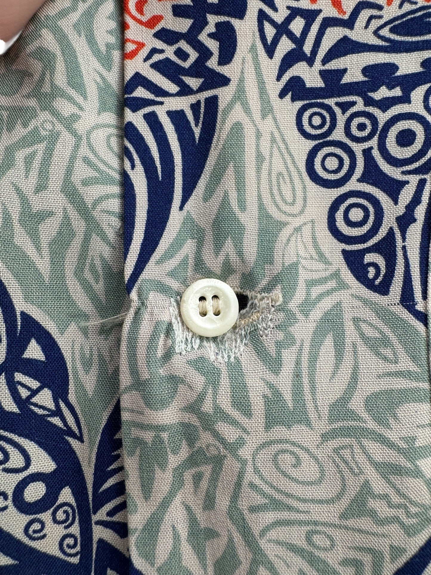 Repaired Buttonhole on Vintage Repaired Arrow Sanforset Rayon Aloha Shirt SZ L
