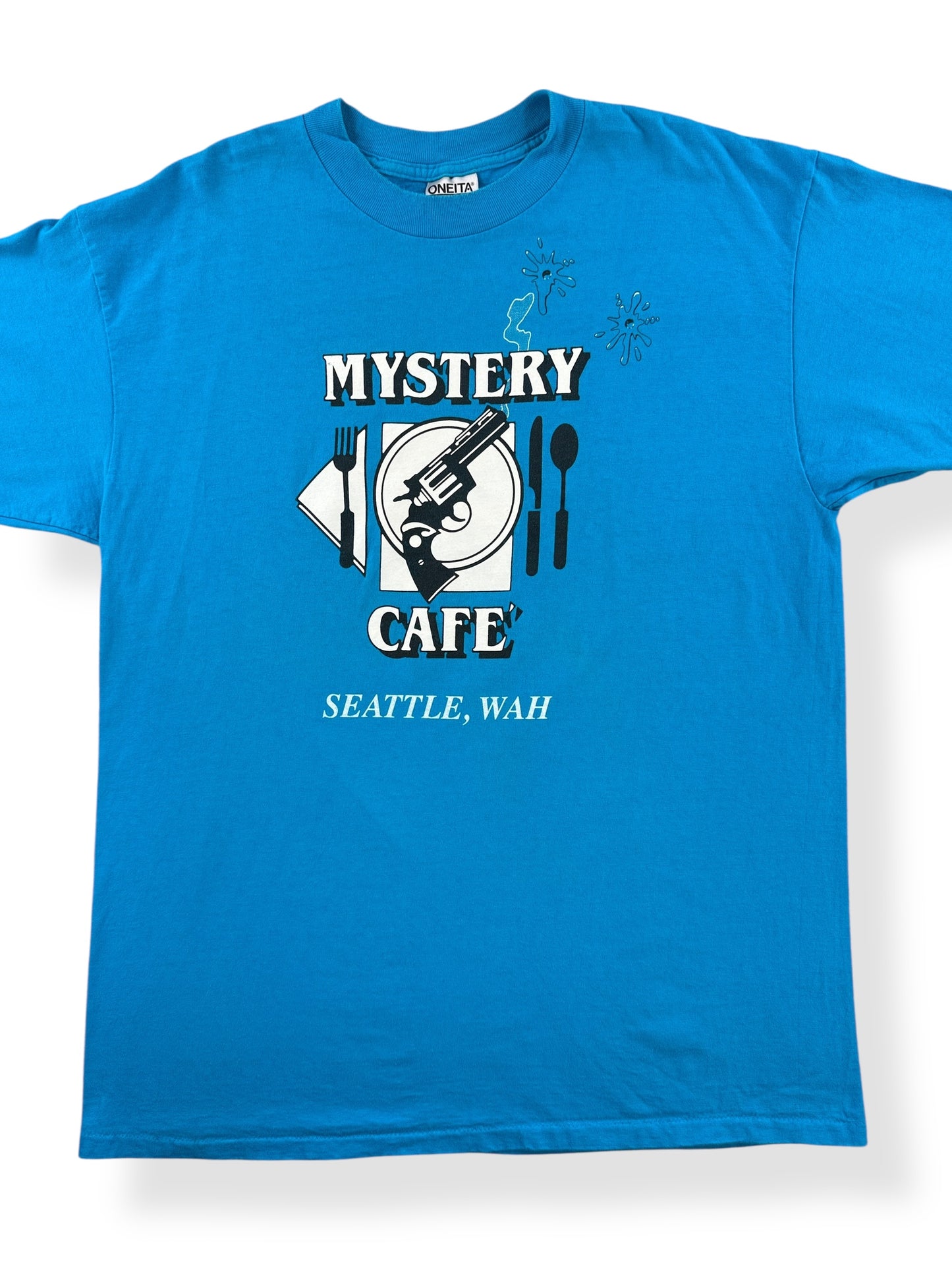 Front Close Up of Vintage Mystery Cafe Seattle Tee SZ XL