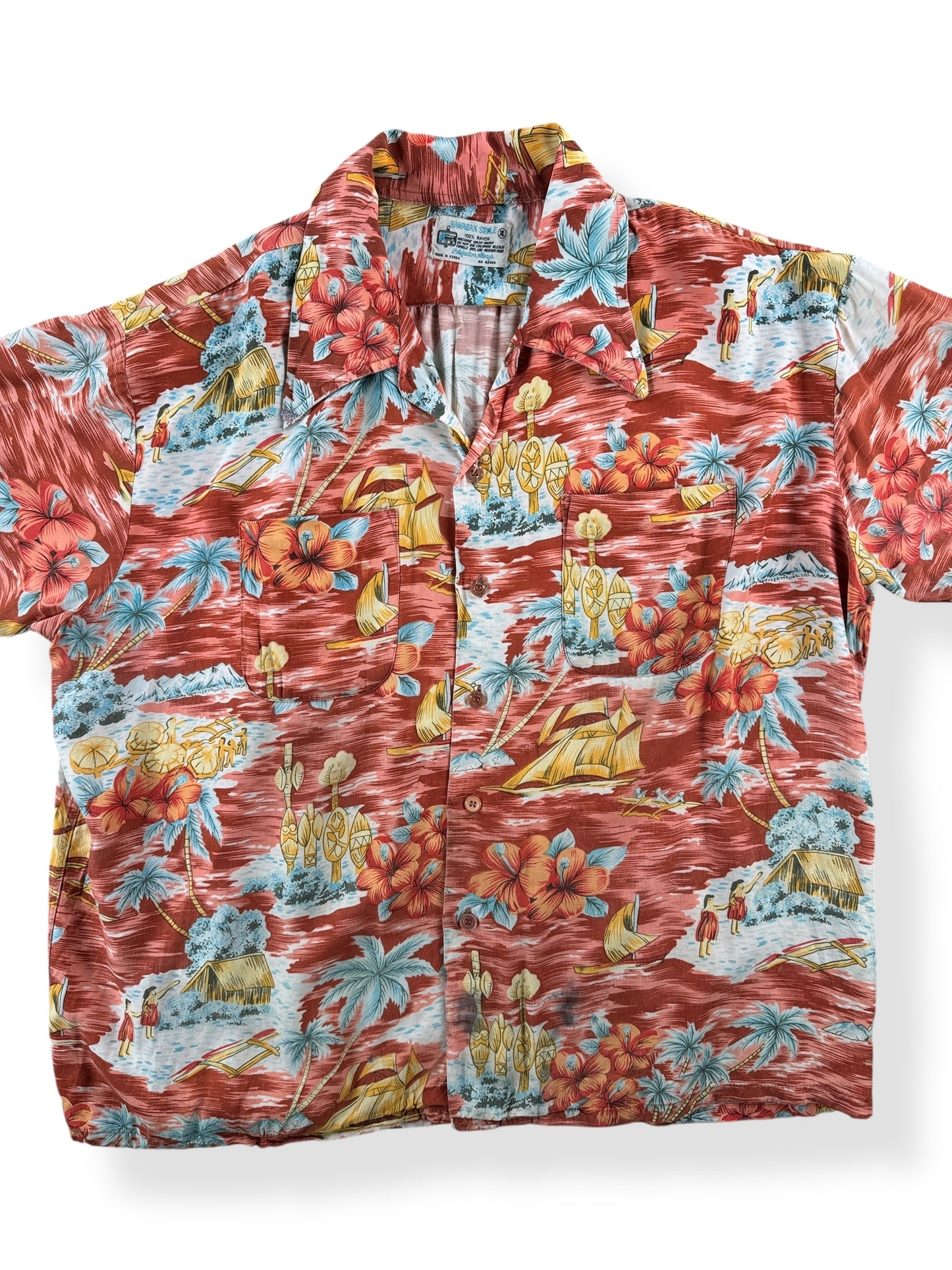 Front Close Up of Vintage Repaired Kmart Rayon Aloha Shirt SZ XL