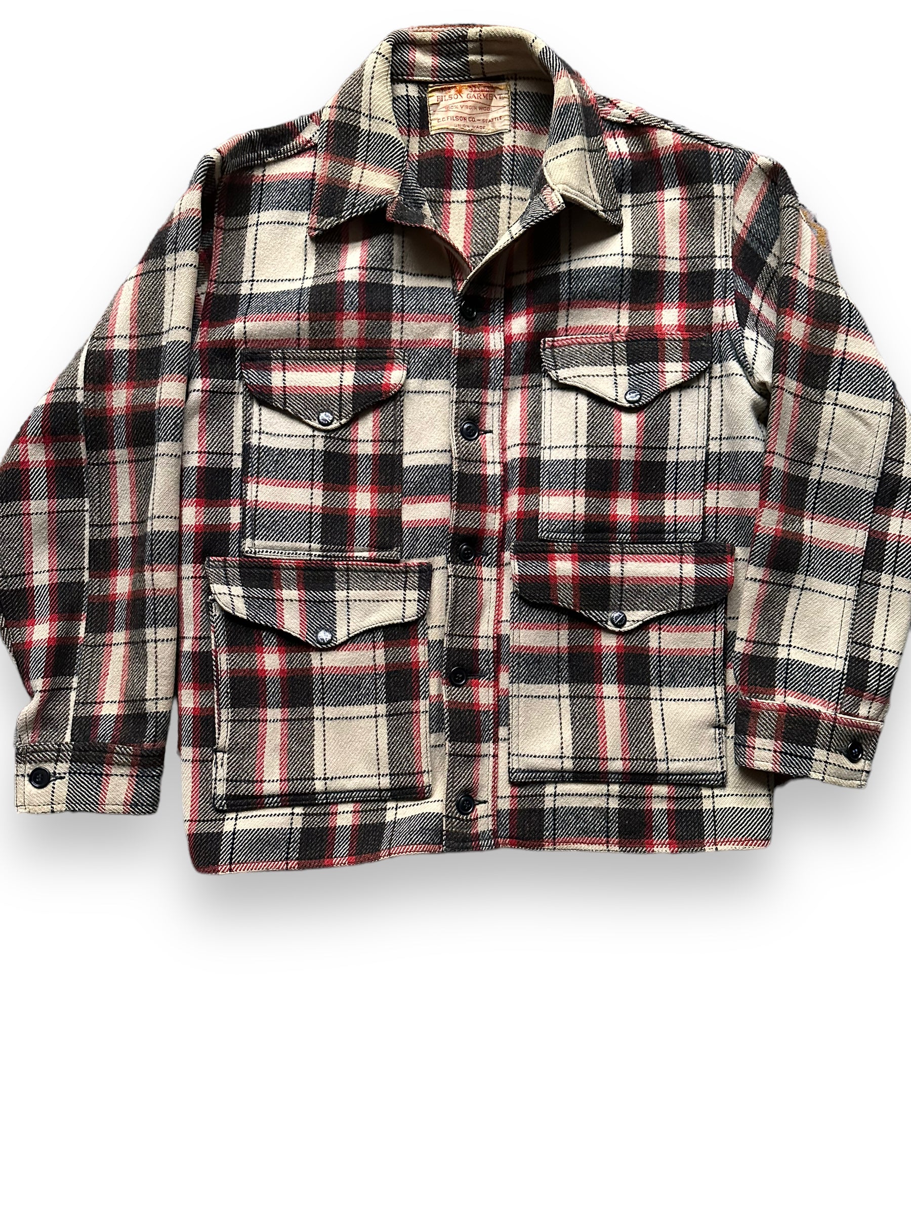 Front Detail on Extremely Rare 1951 Filson Red-Black-White Single Back Mackinaw Coat SZ 46 |  Vintage Filson Peppermint Patty Alternate | Vintage Workwear Seattle
