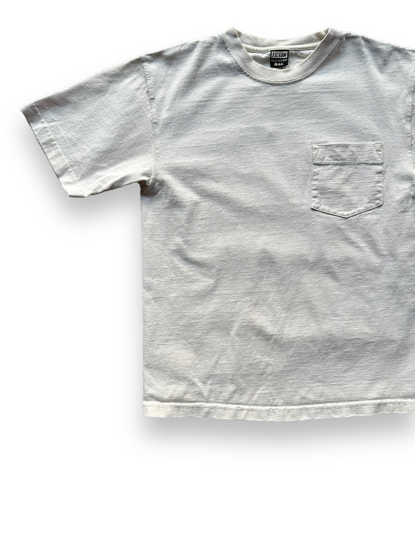 Front Right View of White Filson Loopwheel Heavyweight Cotton Pocket Tee SZ M | Barn Owl Vintage Goods | Vintage Filson Workwear Seattle