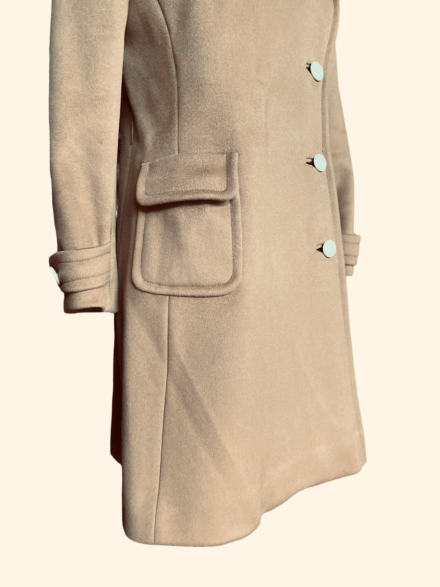 Lower right side view of Vintage 1960s Calvin Klein Mod Camel Coat SZ S-M | Seattle True Vintage | Barn Owl Vintage Coats