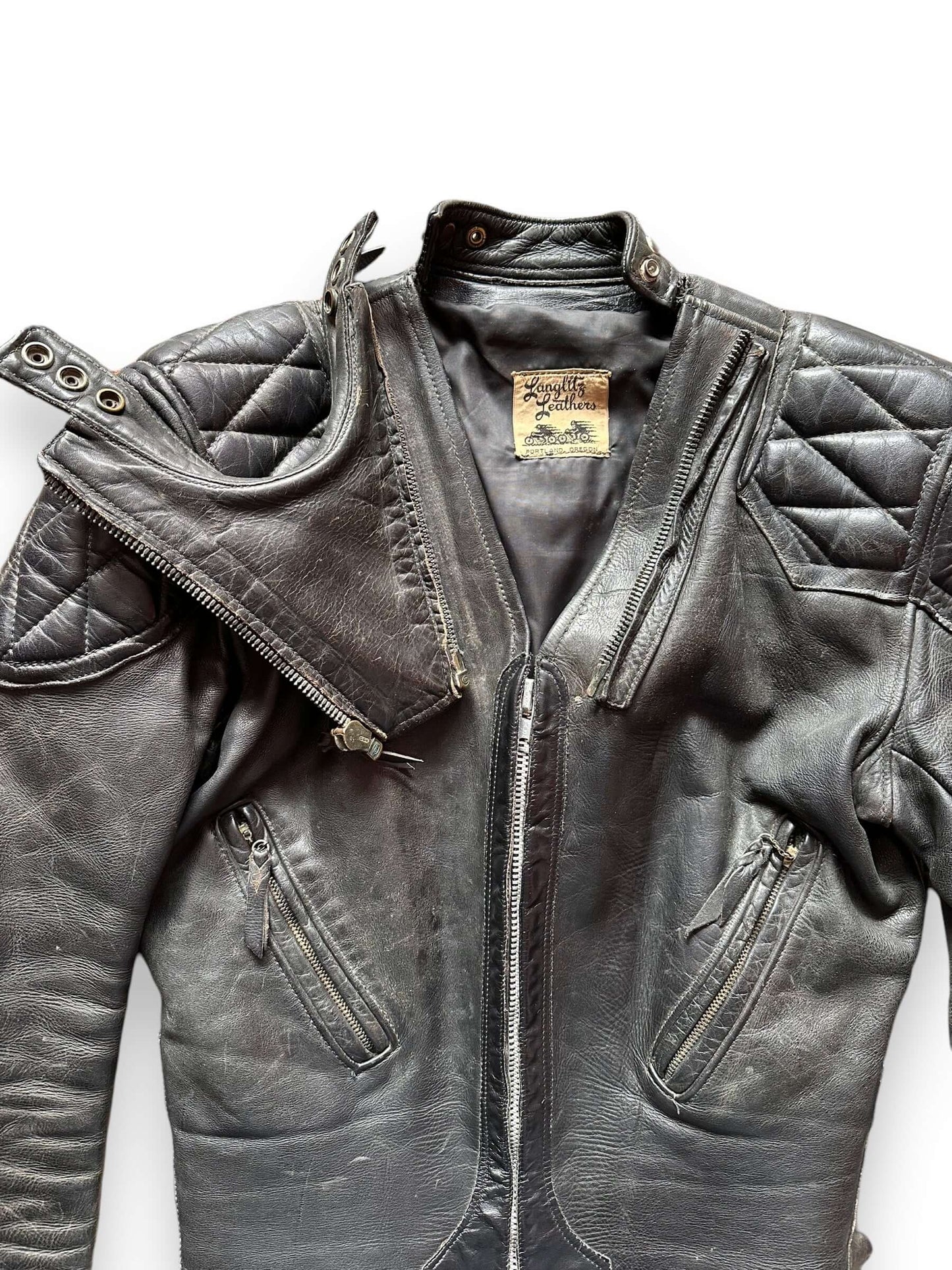 front close up with open panel on 50's/60's Era Langlitz Leather Jacket | Barn Owl Vintage Goods | Vintage Leather Jackets Seattle