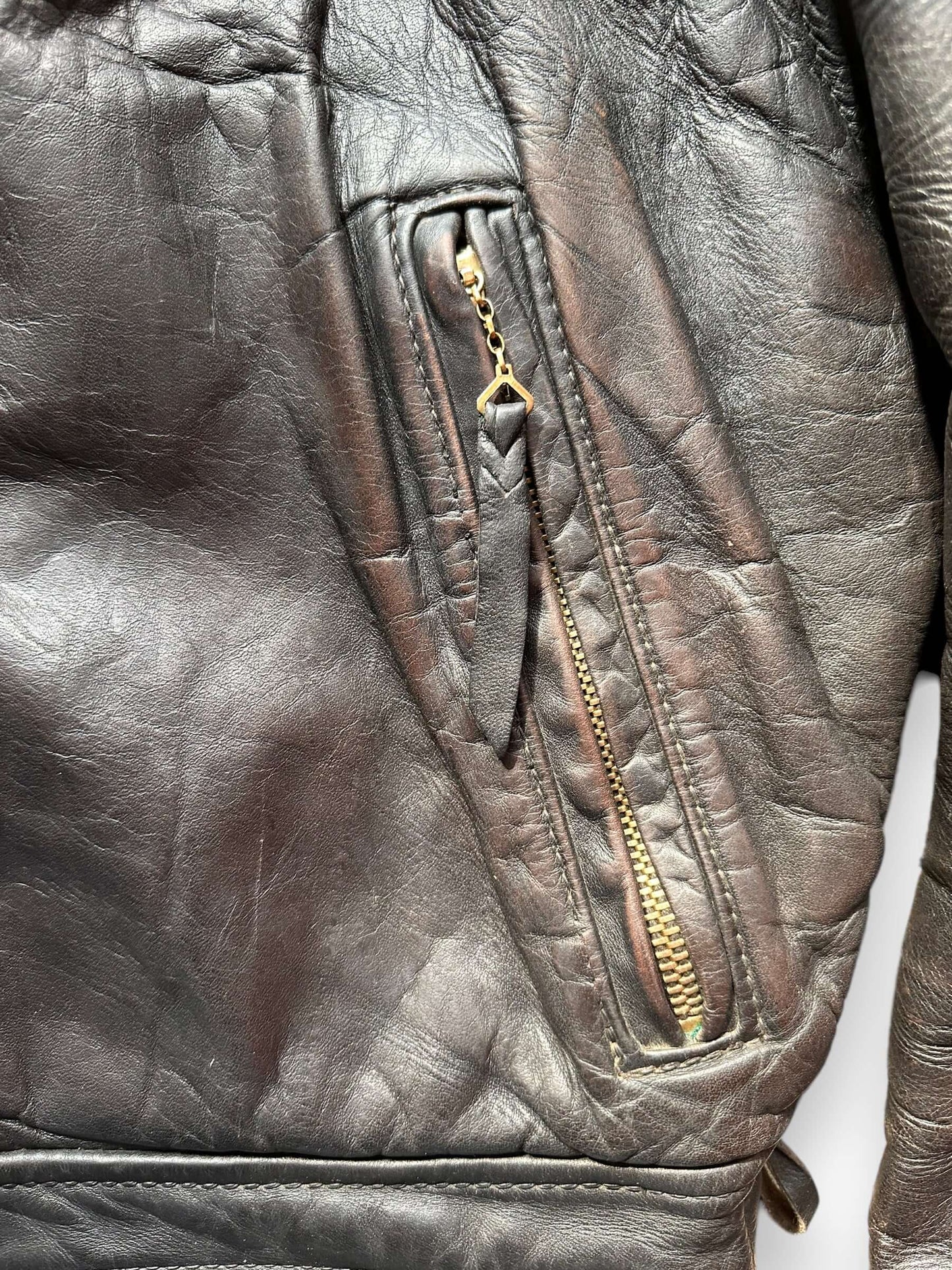 left pocket on 40's Era Langlitz Leather Jacket | Barn Owl Vintage Goods | Vintage Leather Jackets Seattle