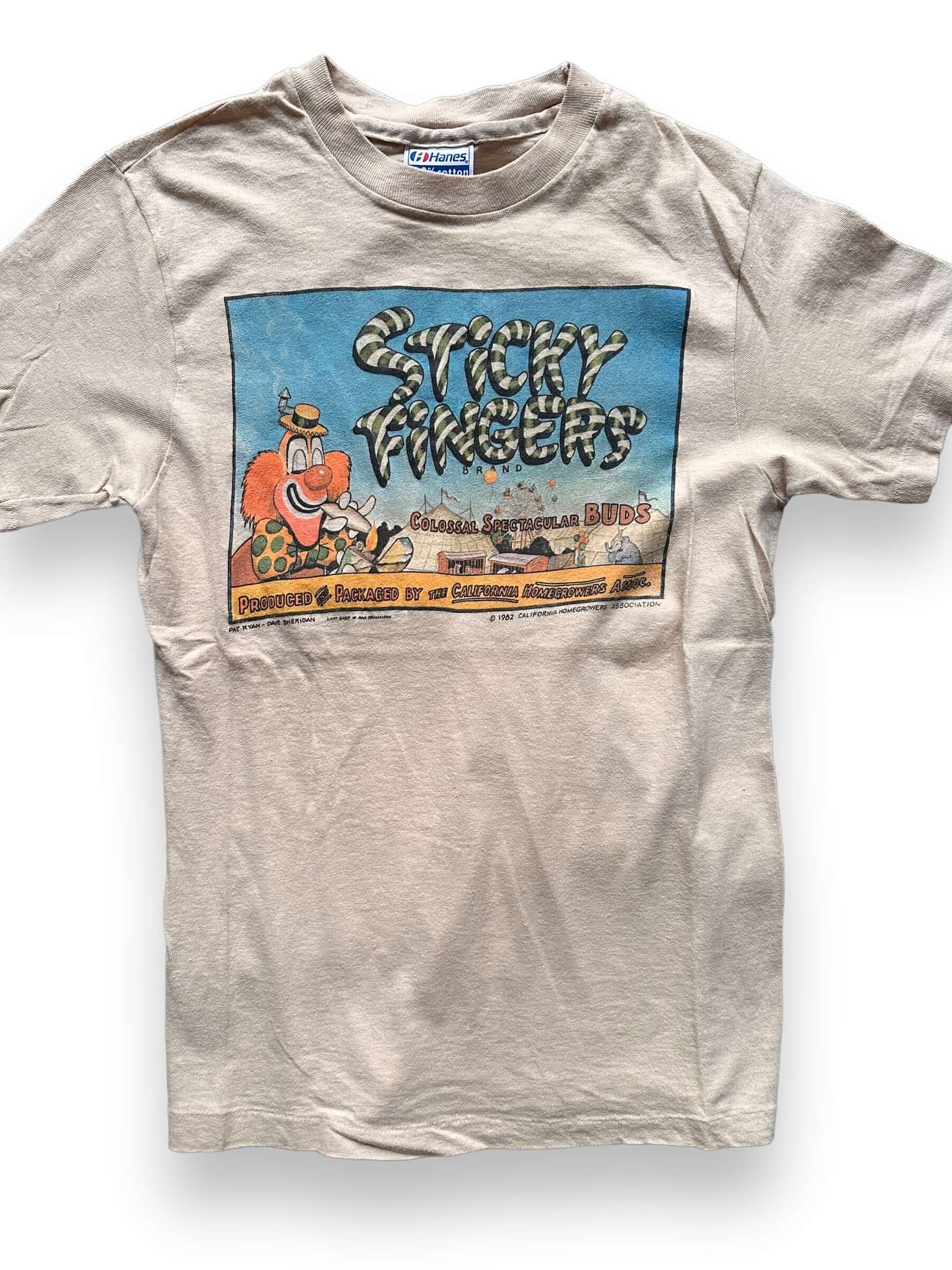 front close up of Vintage Sticky Fingers California Growers Weed Tee SZ S |  Vintage Weed Tee Seattle | Barn Owl Vintage