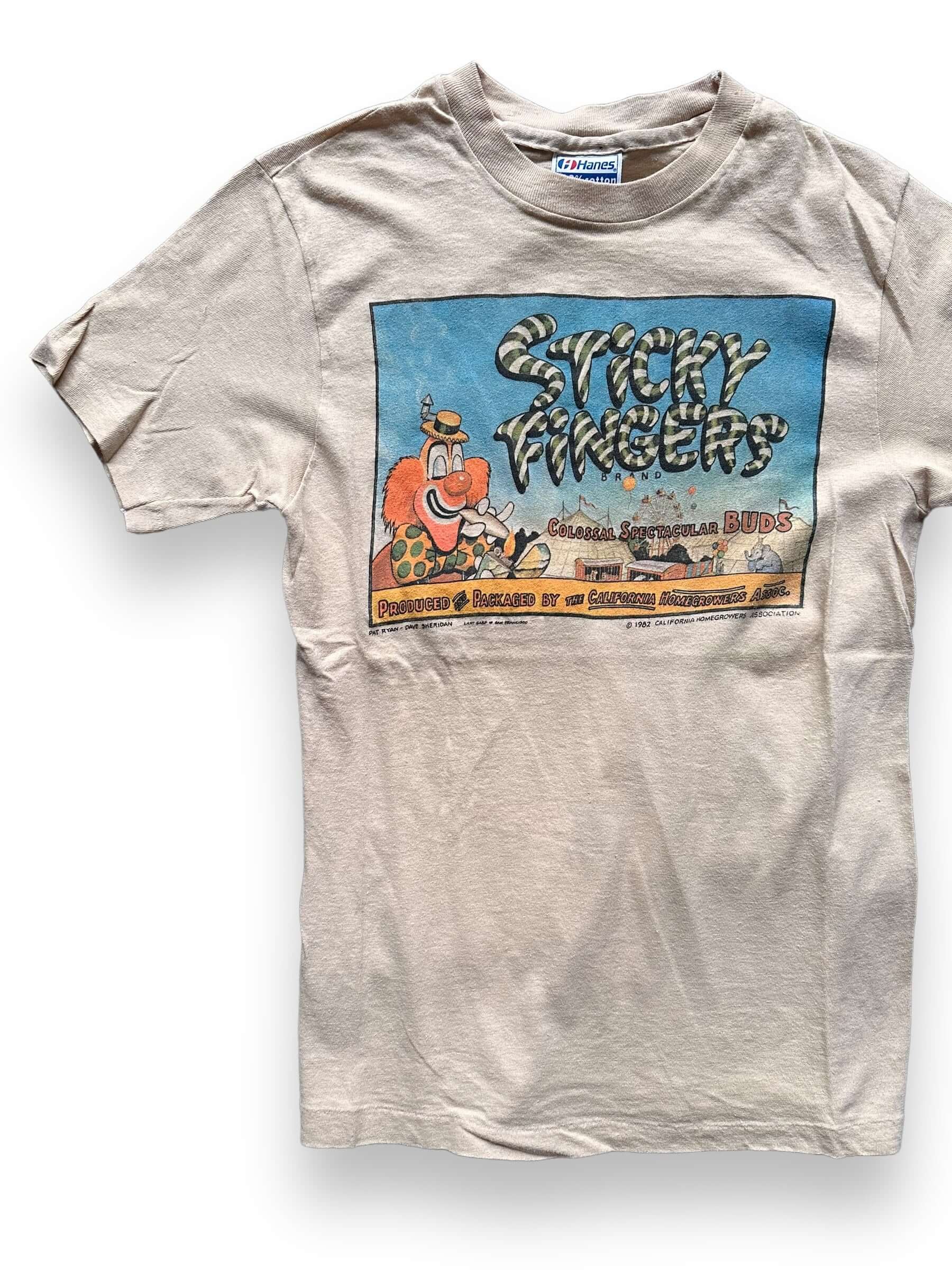 front right of Vintage Sticky Fingers California Growers Weed Tee SZ S |  Vintage Weed Tee Seattle | Barn Owl Vintage