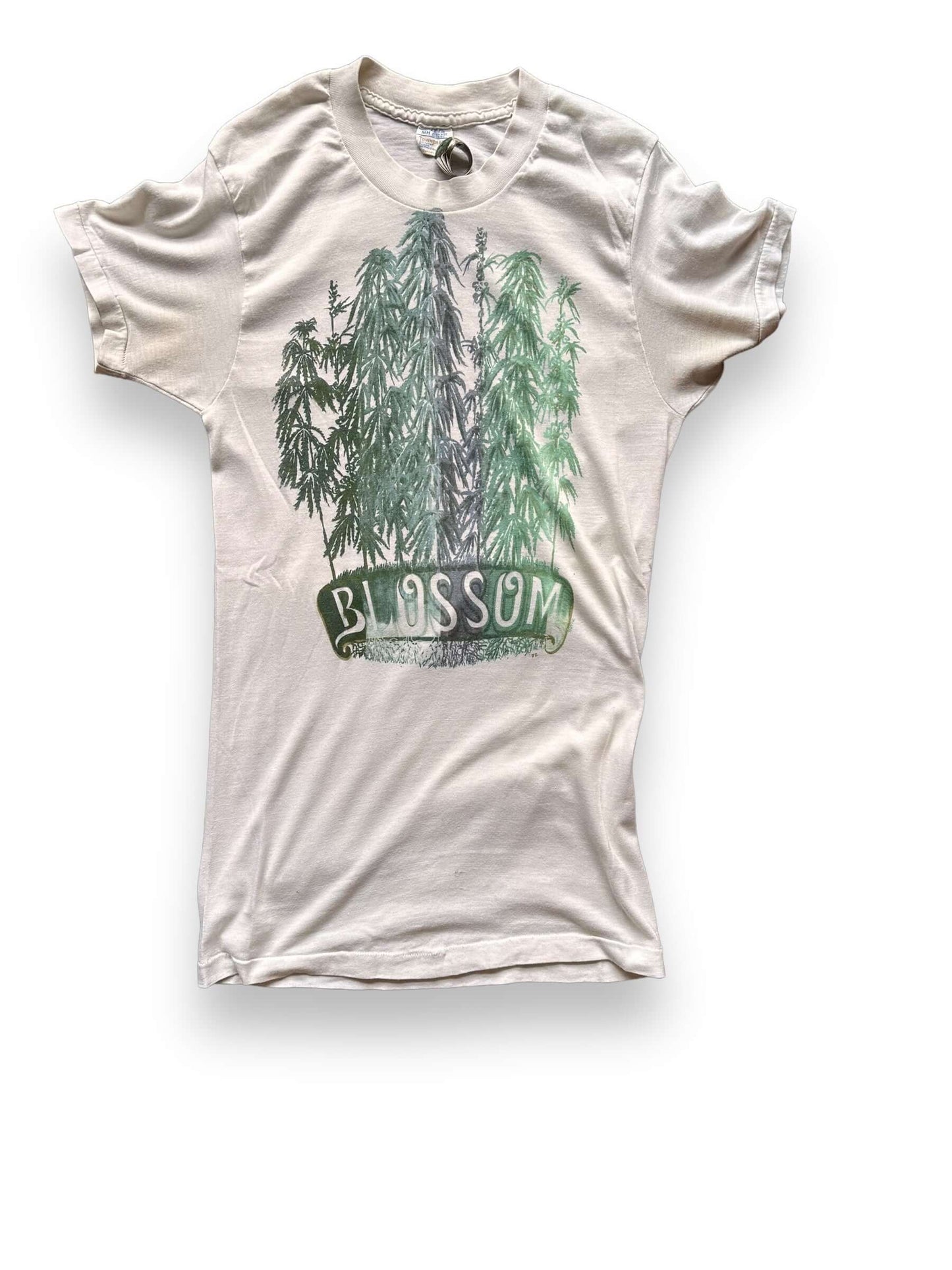 front of Vintage 70s Era "Blossom" Weed Tee SZ S | Vintage Weed Tee Seattle | Barn Owl Vintage
