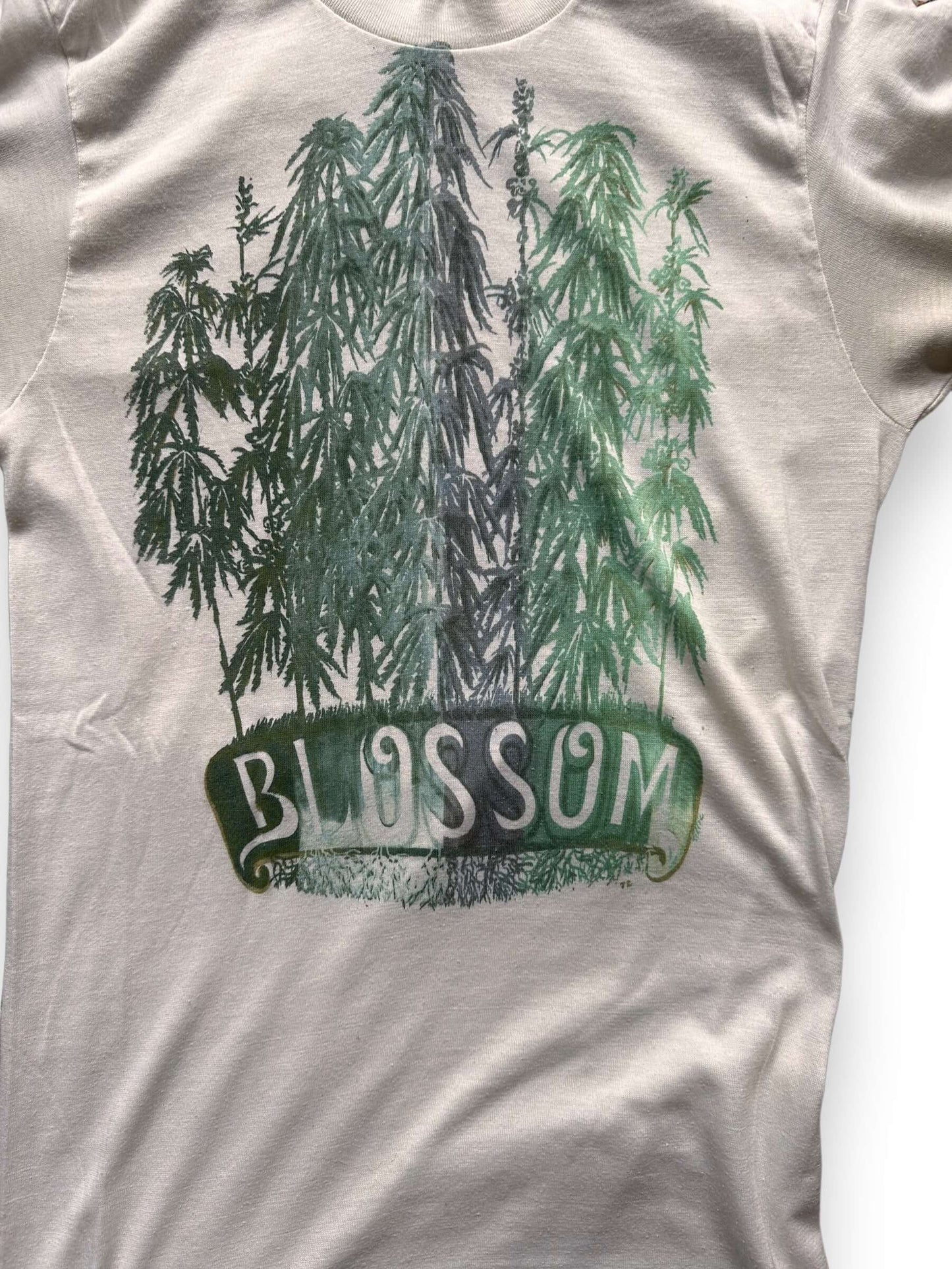 front close up of Vintage 70s Era "Blossom" Weed Tee SZ S | Vintage Weed Tee Seattle | Barn Owl Vintage