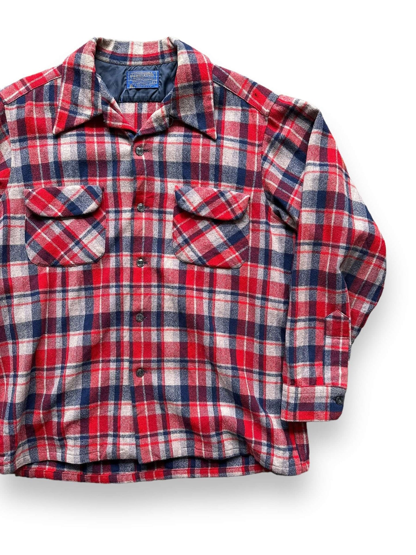 Front Left View of Vintage Pendleton Red/Blue Wool Board Shirt SZ L