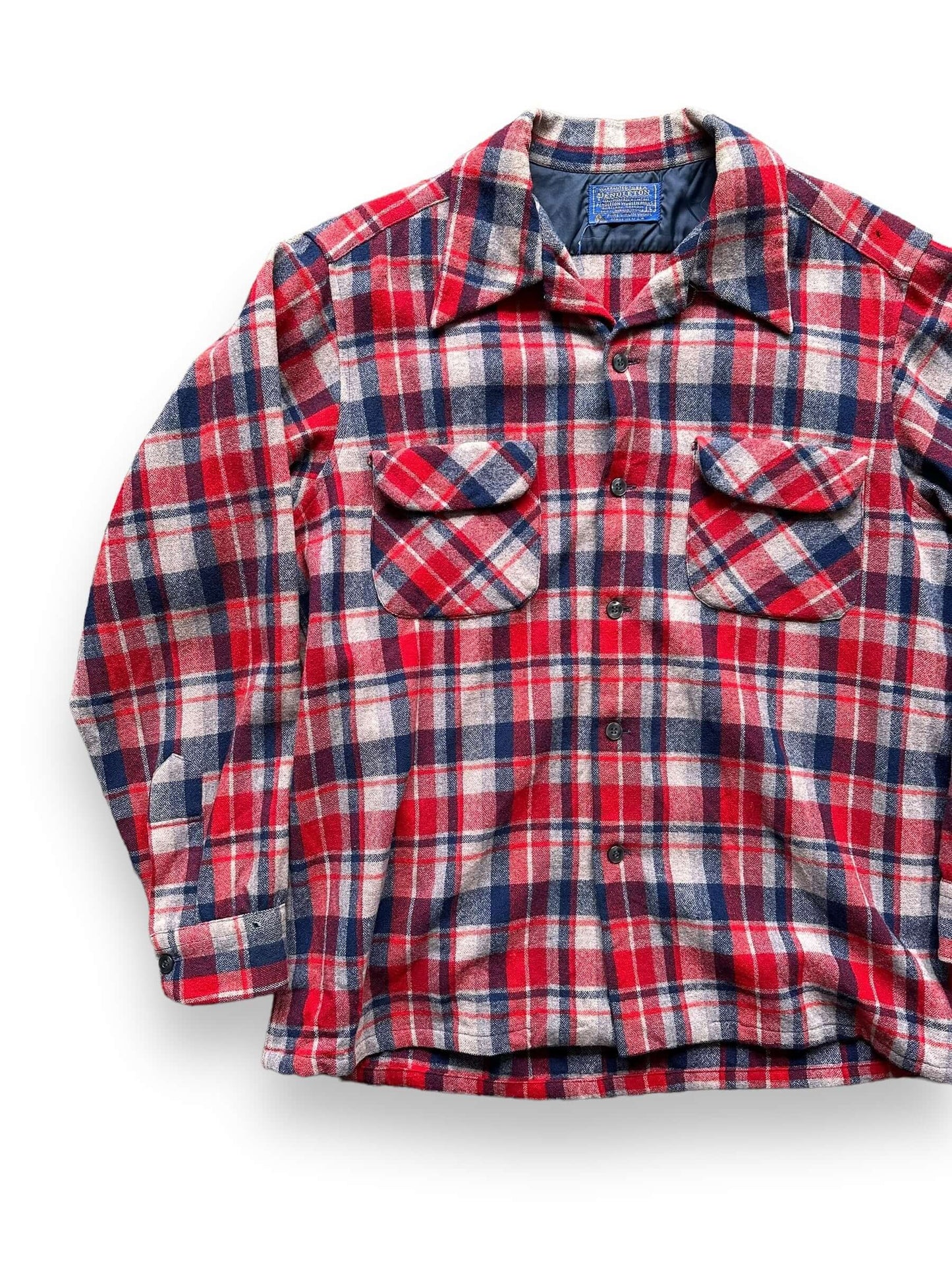 Front Right View of Vintage Pendleton Red/Blue Wool Board Shirt SZ L