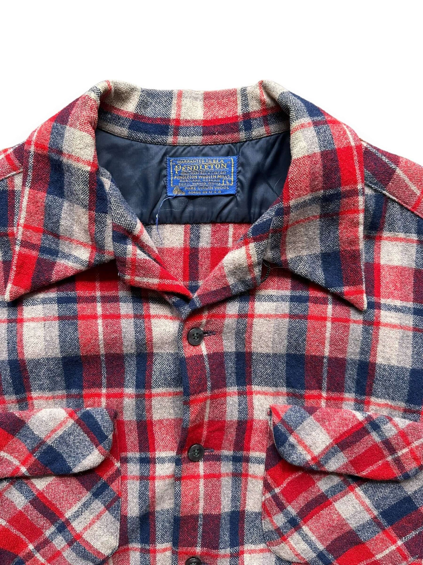 Tag View of Vintage Pendleton Red/Blue Wool Board Shirt SZ L