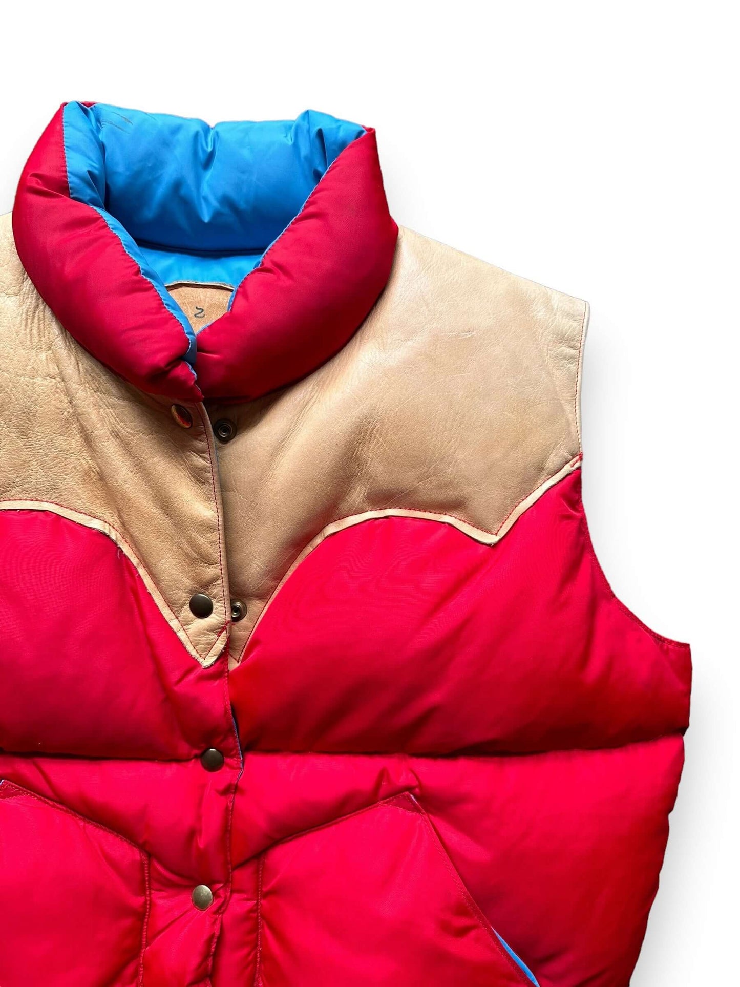 Front Left Shoulder View of Vintage Rocky Mountain Featherbed Red/Blue Down Vest SZ L