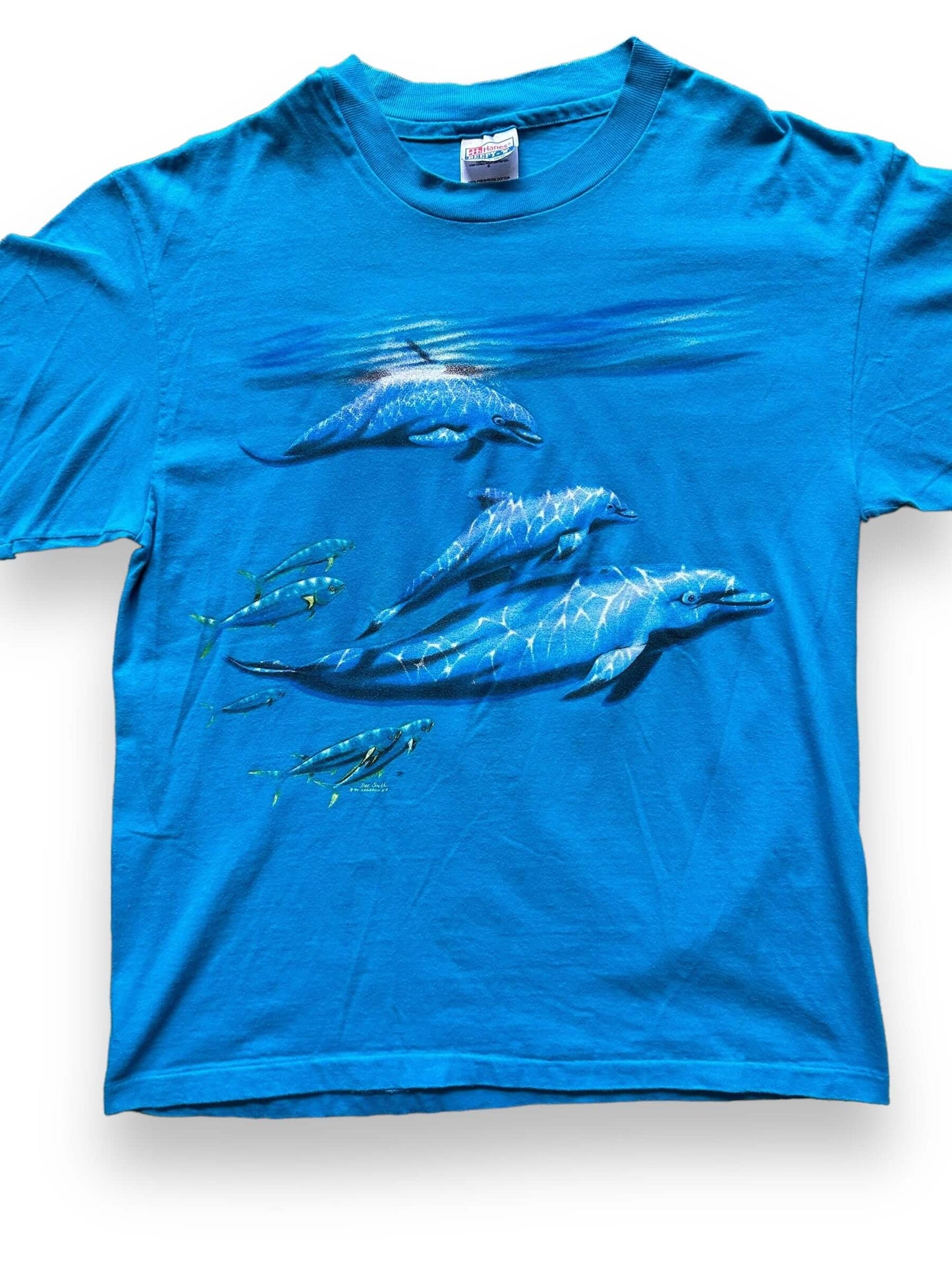 front close up of Vintage Cape Cod AOP Dolphin Tee SZ L