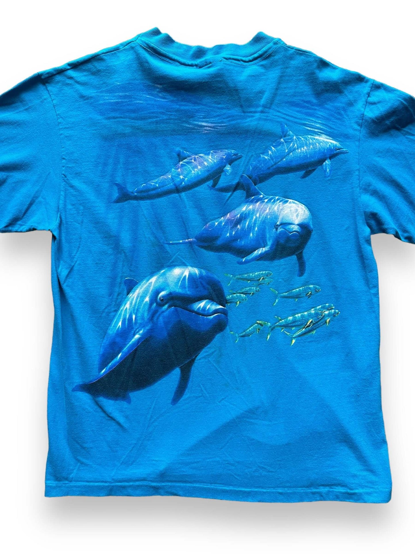 back close up of Vintage Cape Cod AOP Dolphin Tee SZ L