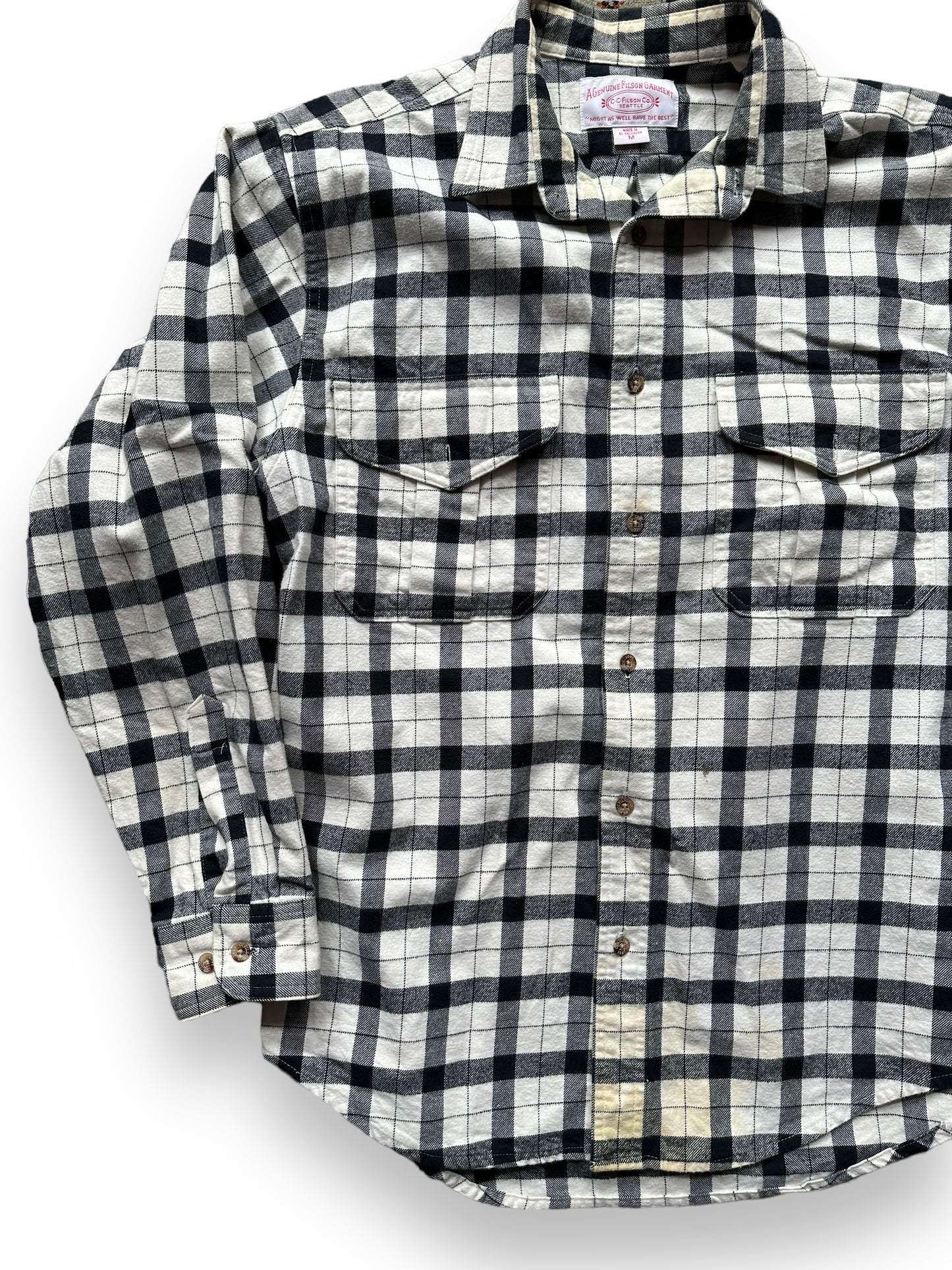Front right of Filson Black and White Guide Shirt | Barn Owl Vintage Goods | Vintage Filson Workwear Seattle