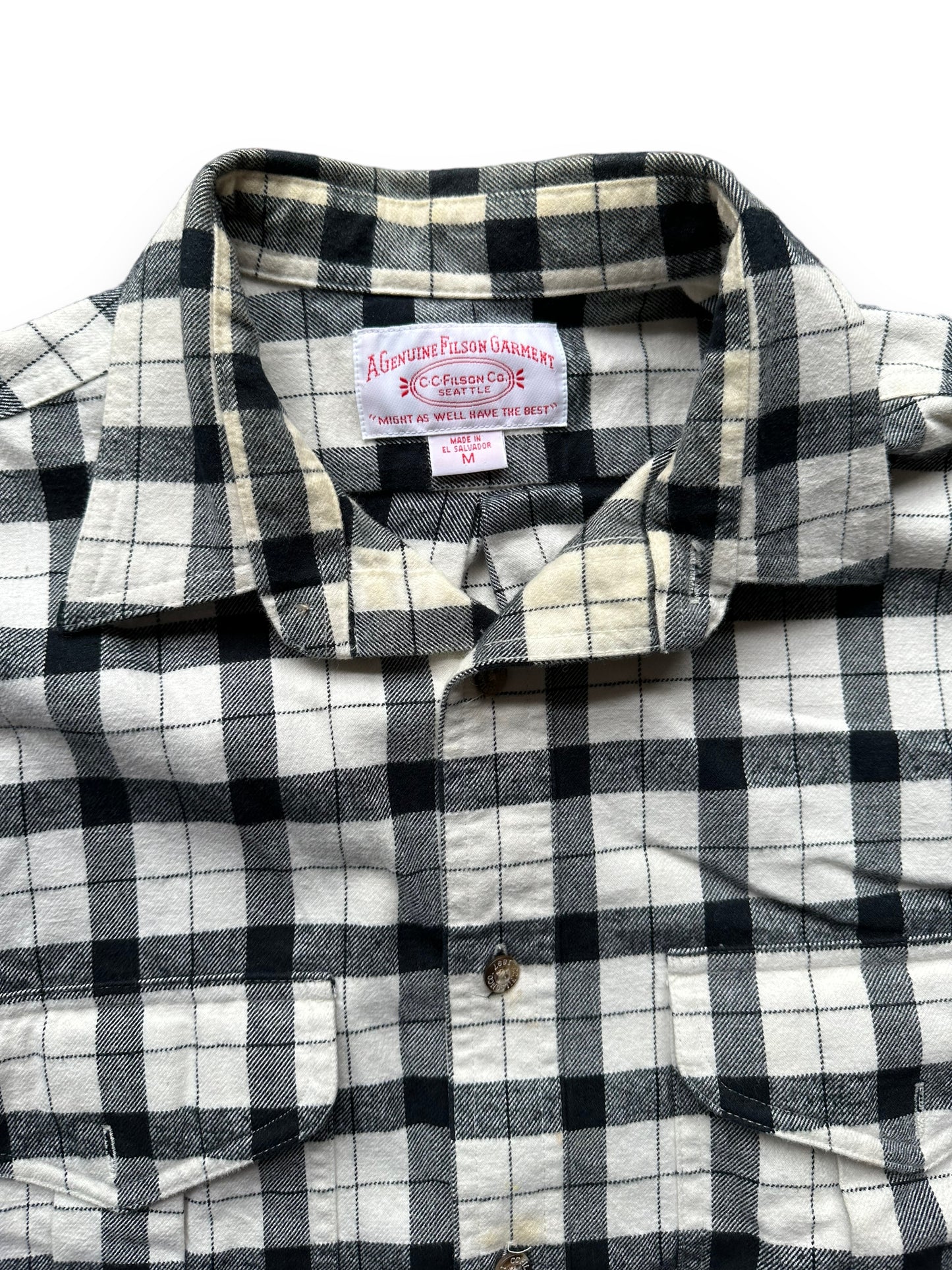 Collar of Filson Black and White Guide Shirt | Barn Owl Vintage Goods | Vintage Filson Workwear Seattle