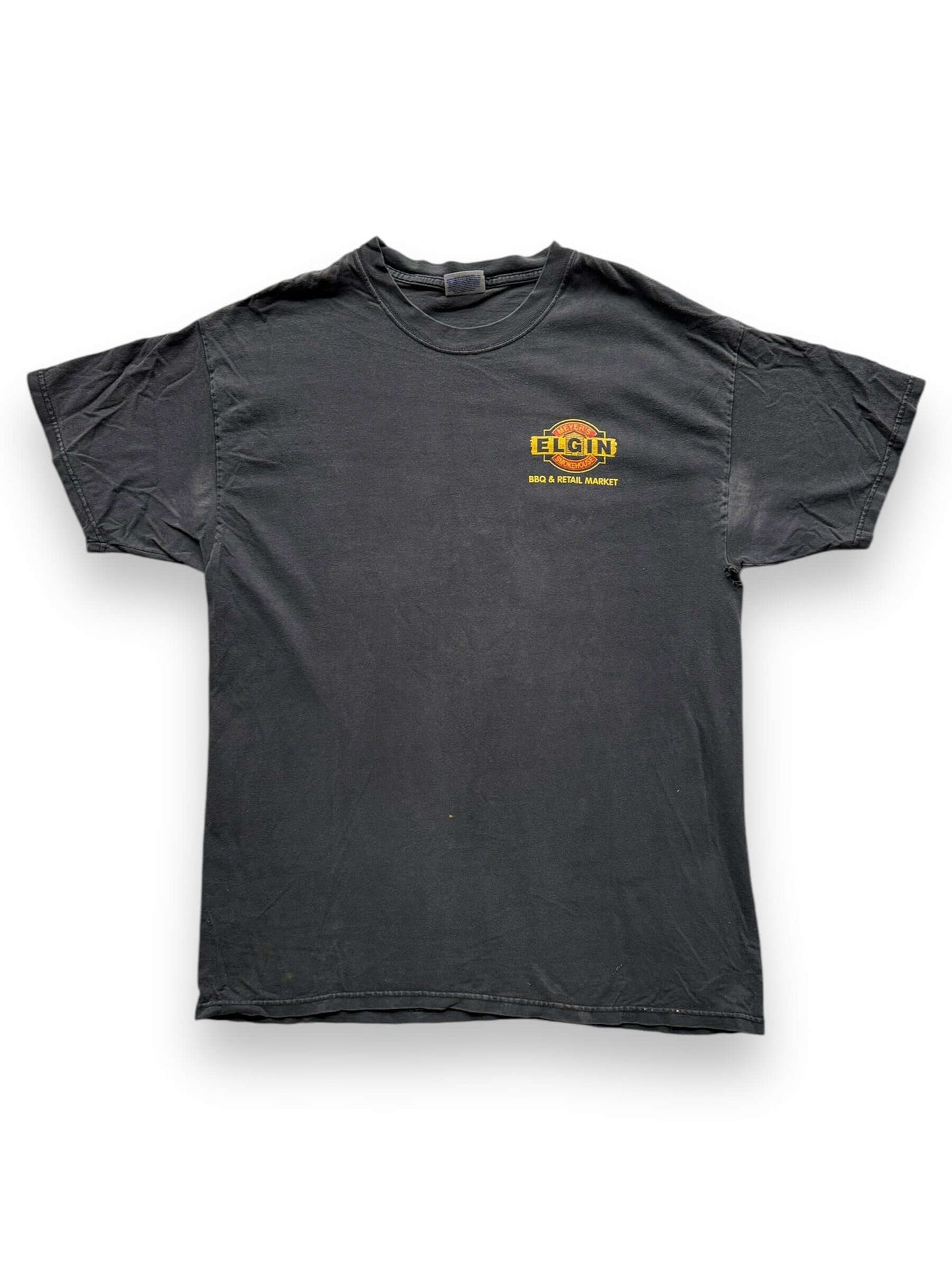 front of Vintage Meyer's Smokehouse BBQ Tee SZ L