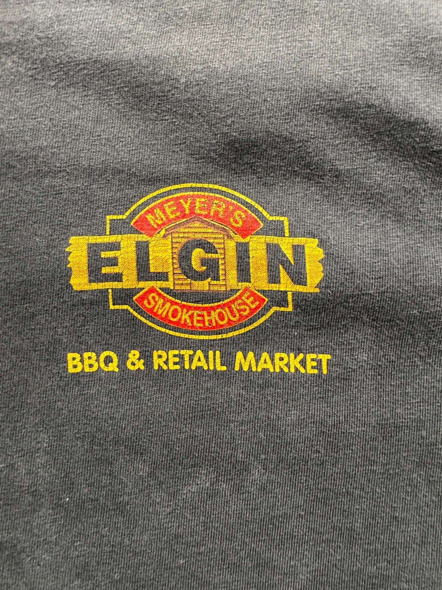 front graphic of Vintage Meyer's Smokehouse BBQ Tee SZ L