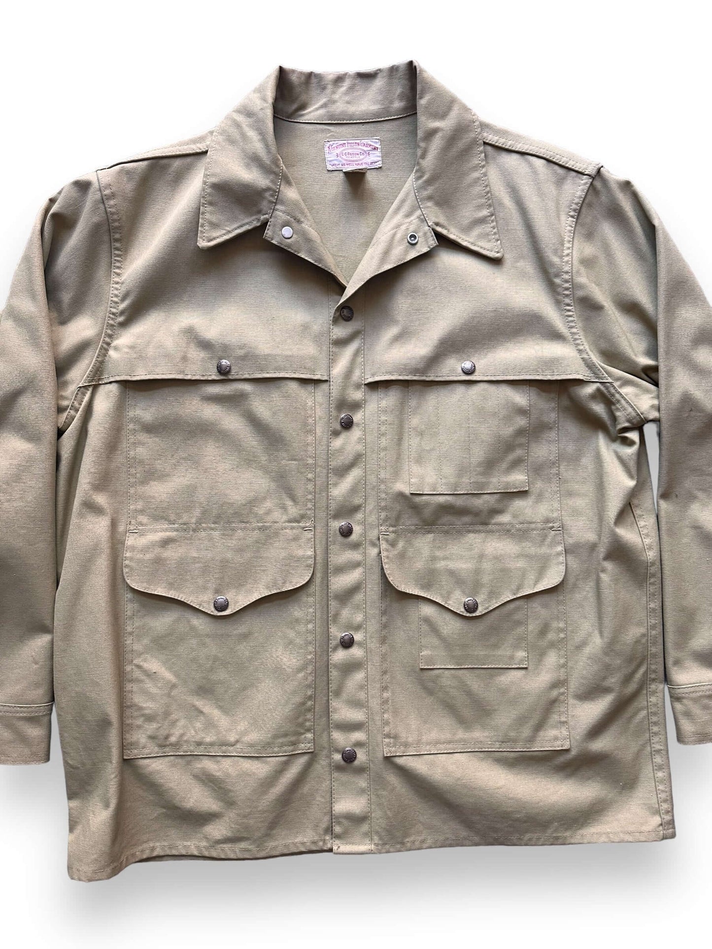 Front Detail on Vintage 70s Era Filson Tin Cloth Cruiser Jacket SZ 46