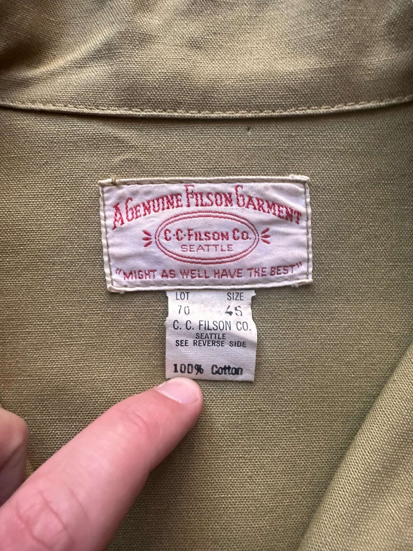 Tag View of Vintage 70s Era Filson Tin Cloth Cruiser Jacket SZ 46