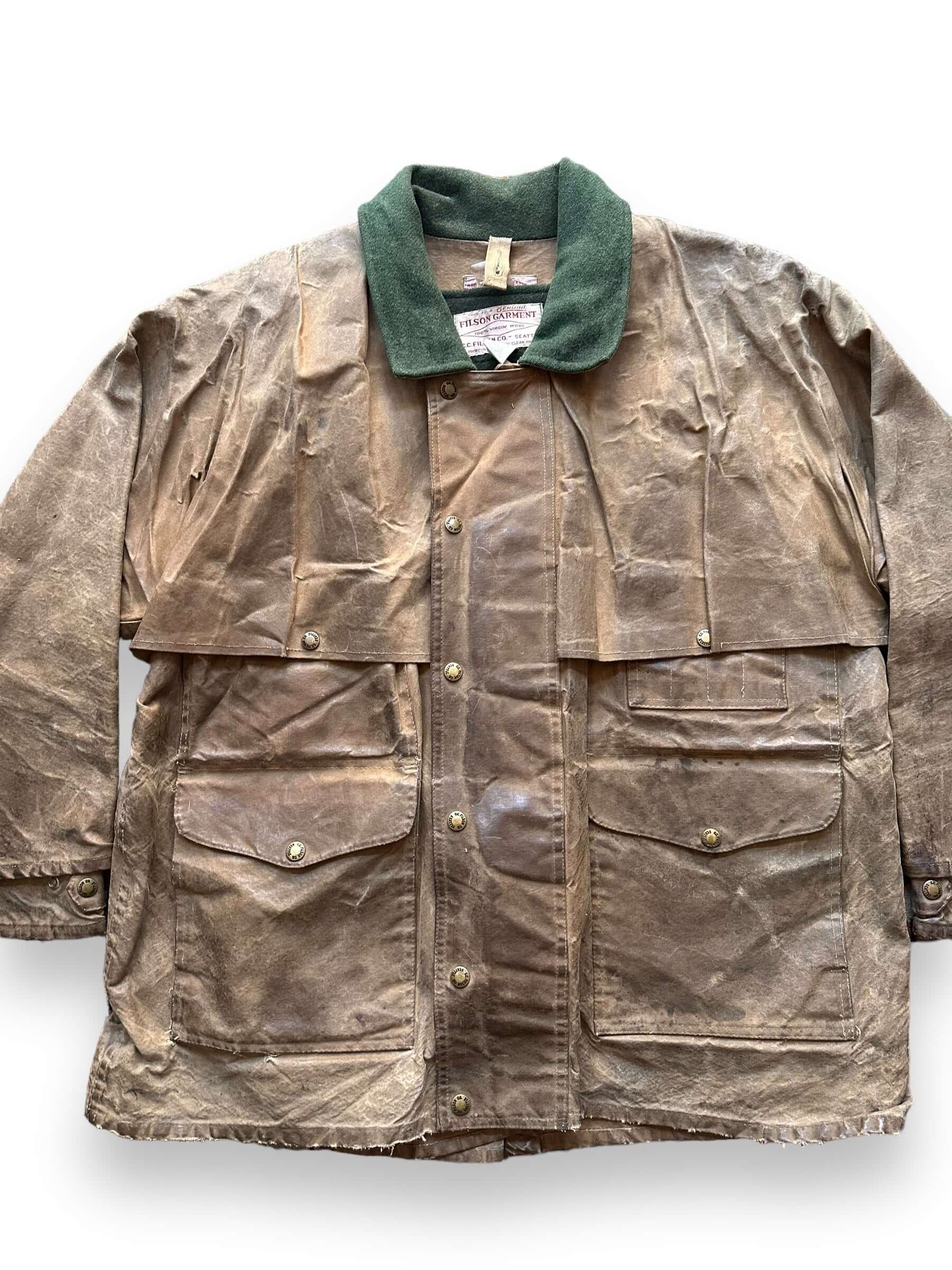 Front Detail on Vintage 90s Era Filson Tin Cloth Packer Coat w/ Liner SZ 44