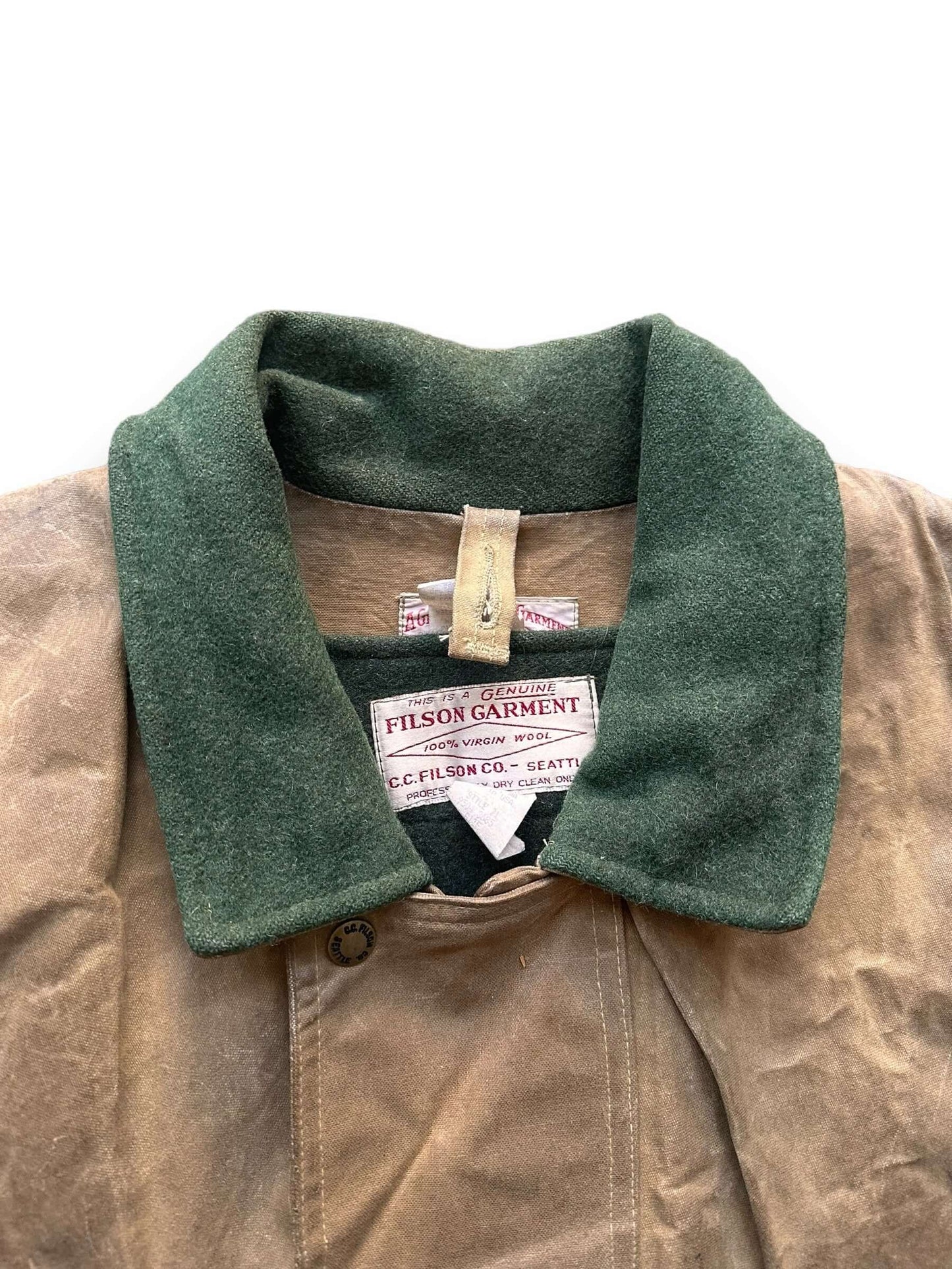 Collar View of Vintage 90s Era Filson Tin Cloth Packer Coat w/ Liner SZ 44