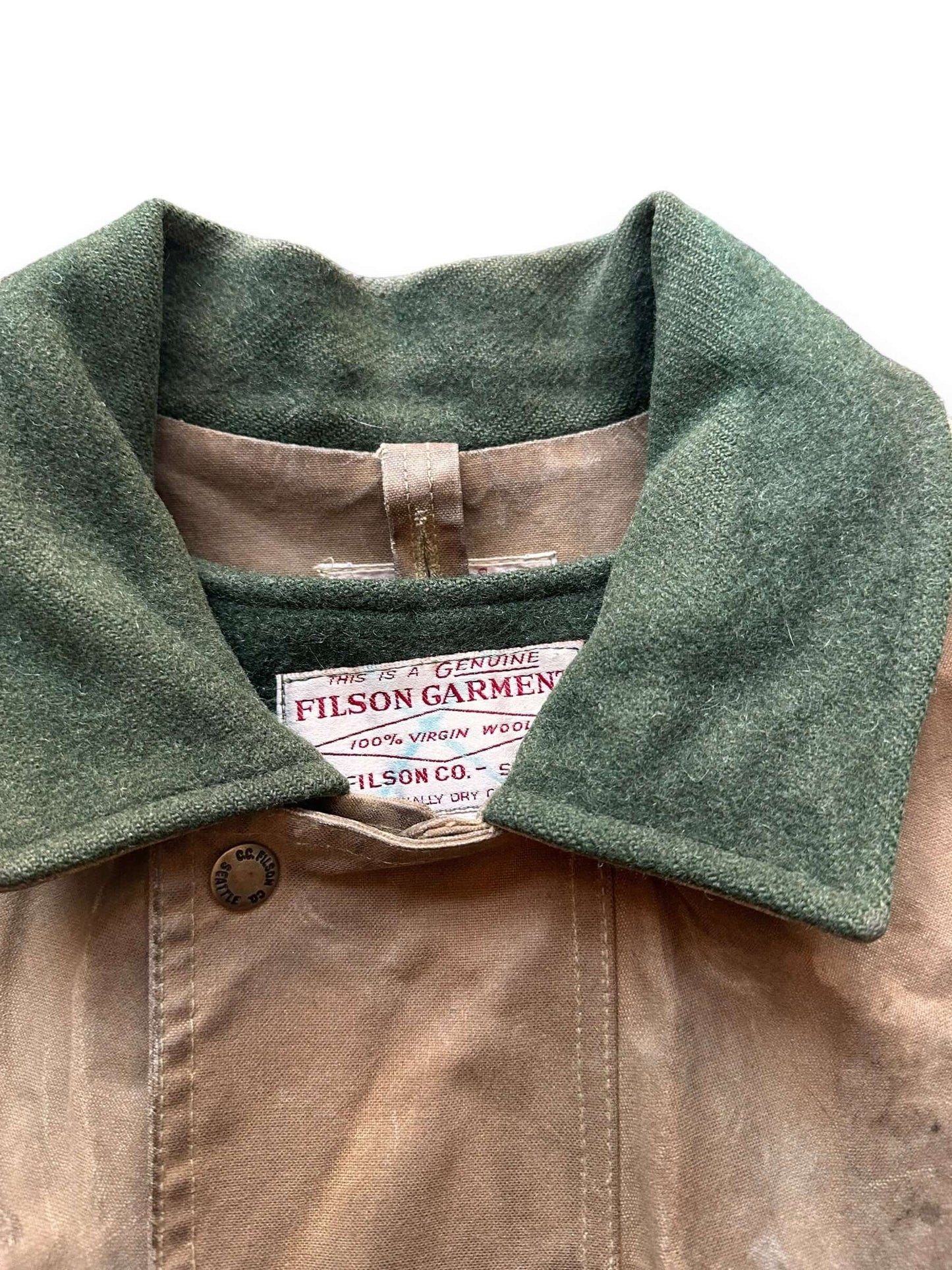 Collar/Tag View on Vintage Filson Tin Cloth Packer Jacket w/ Liner SZ 40