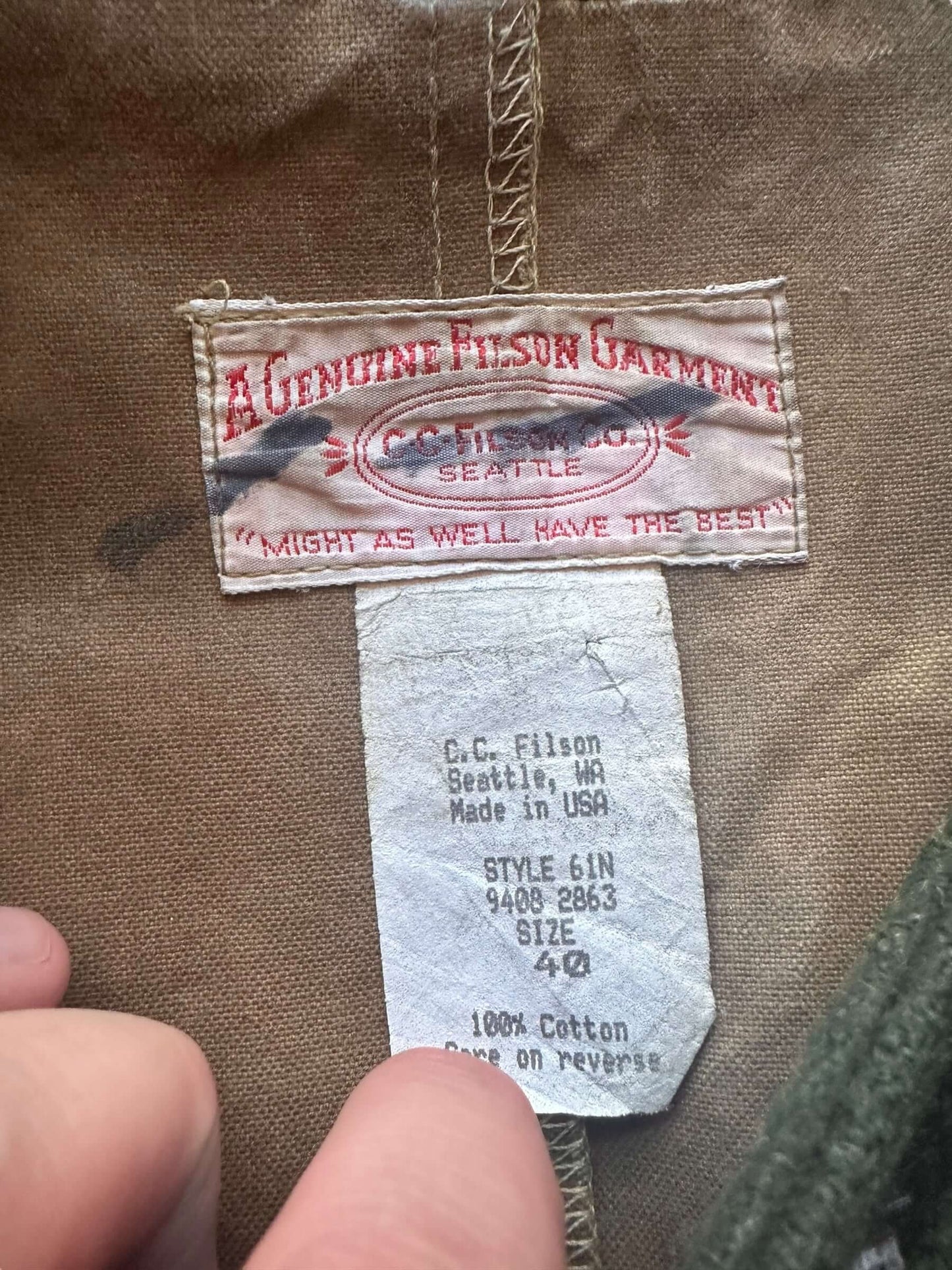 Tag View of Vintage Filson Tin Cloth Packer Jacket w/ Liner SZ 40
