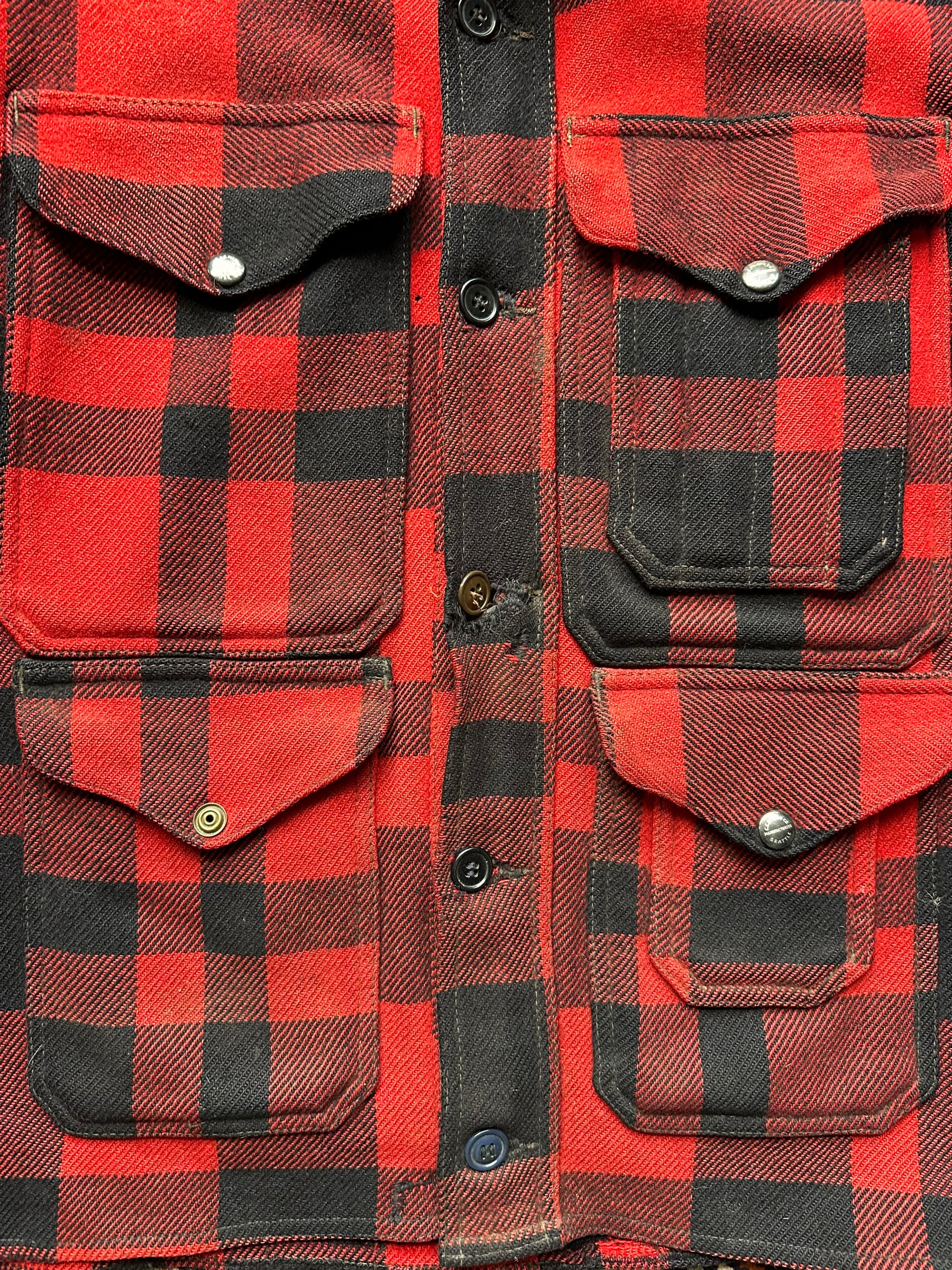 Front buttons + pockets on Vintage Union Made Filson Mackinaw Cruiser SZ L |  Filson Cruiser Seattle | Vintage Workwear Seattle
