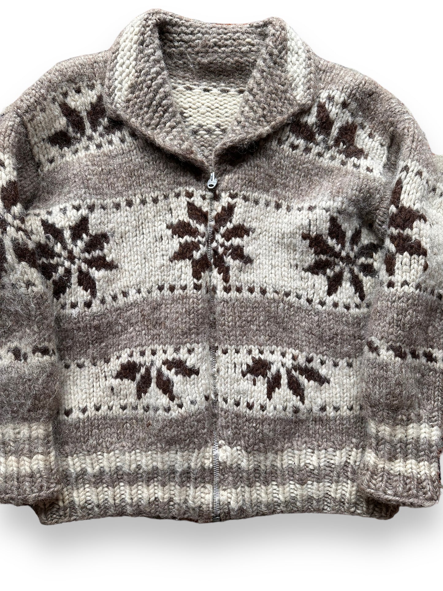 front close up of Vintage Wool Cowichan Sweater SZ XL | Vintage Cowichan Sweaters Seattle | Barn Owl Vintage Seattle