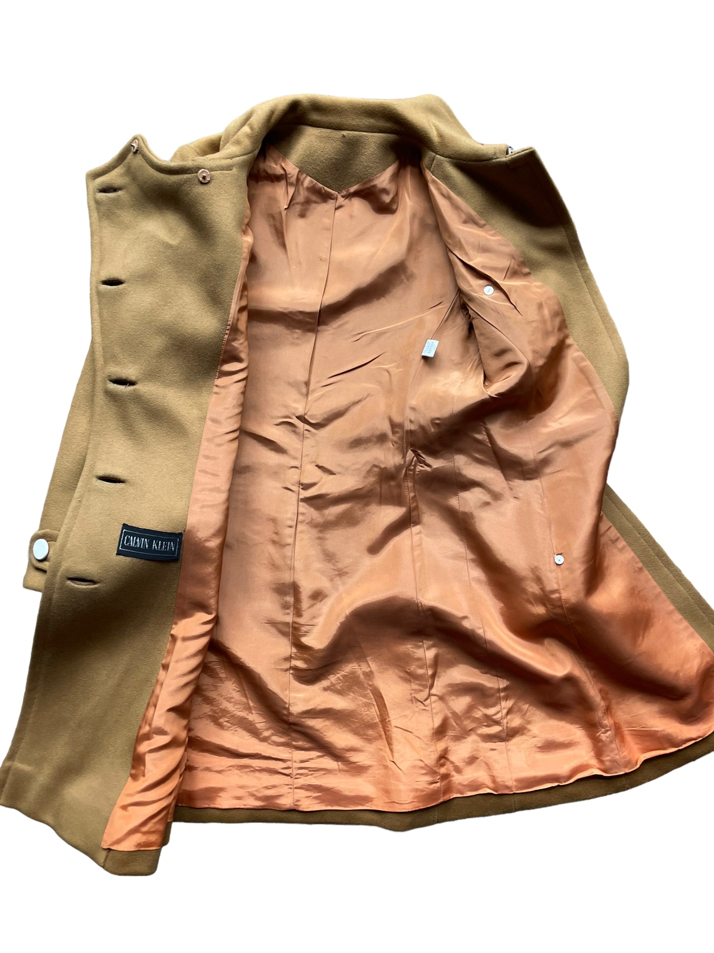 Open flat lay vieww ofVintage 1960s Calvin Klein Mod Camel Coat SZ S-M | Seattle True Vintage | Barn Owl Vintage Coats