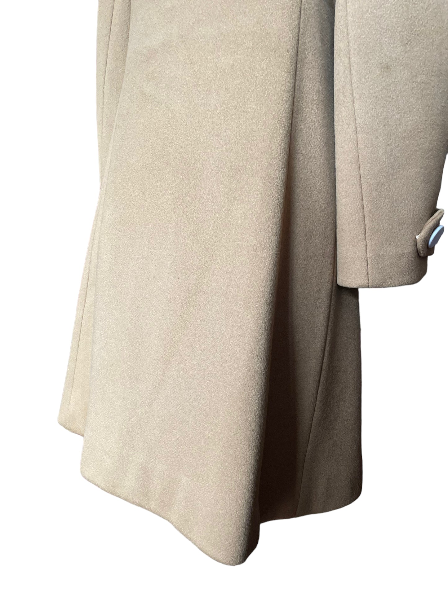 Lower right side back view of Vintage 1960s Calvin Klein Mod Camel Coat SZ S-M | Seattle True Vintage | Barn Owl Vintage Coats
