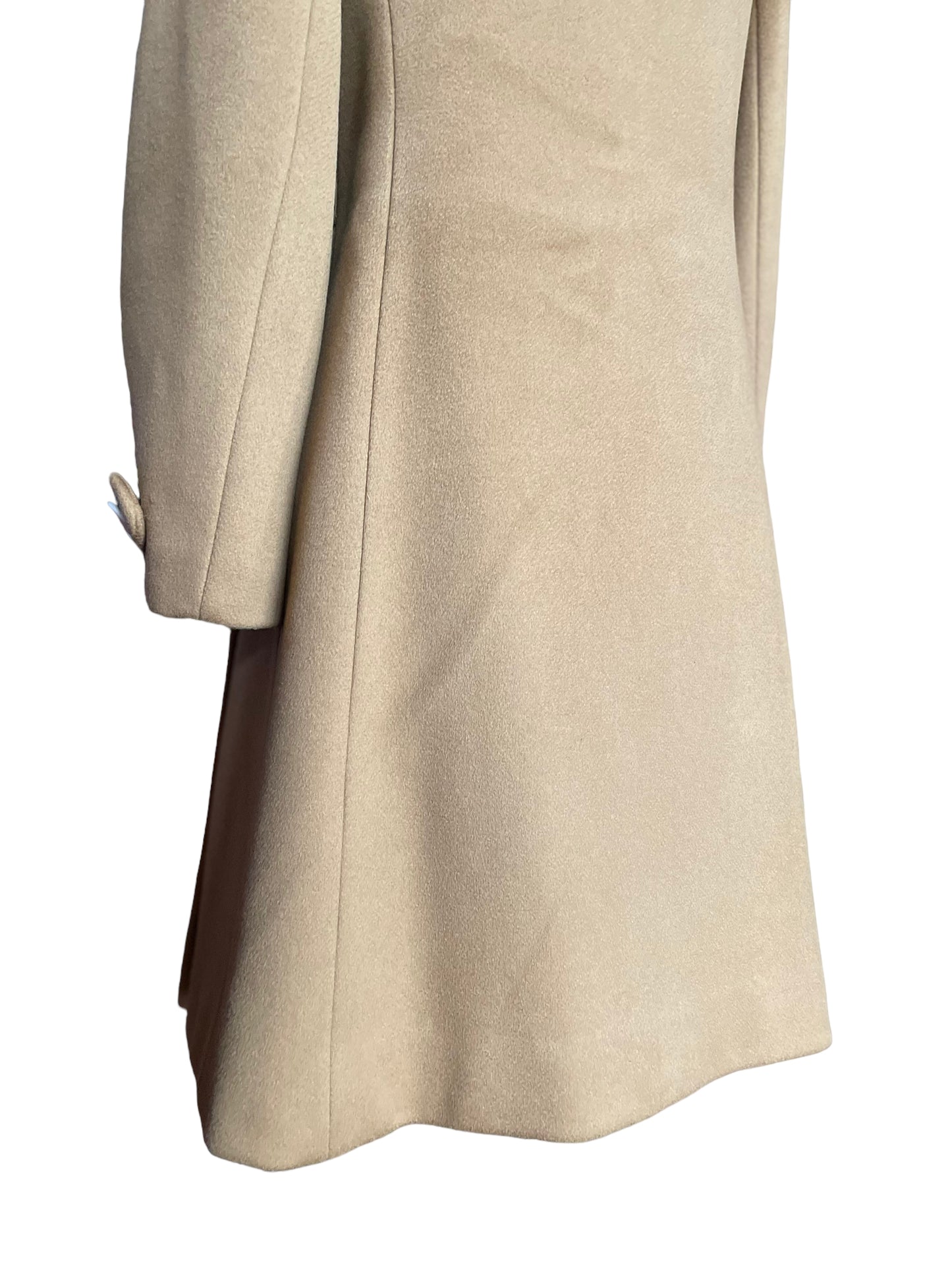 Lower left side back view of Vintage 1960s Calvin Klein Mod Camel Coat SZ S-M | Seattle True Vintage | Barn Owl Vintage Coats