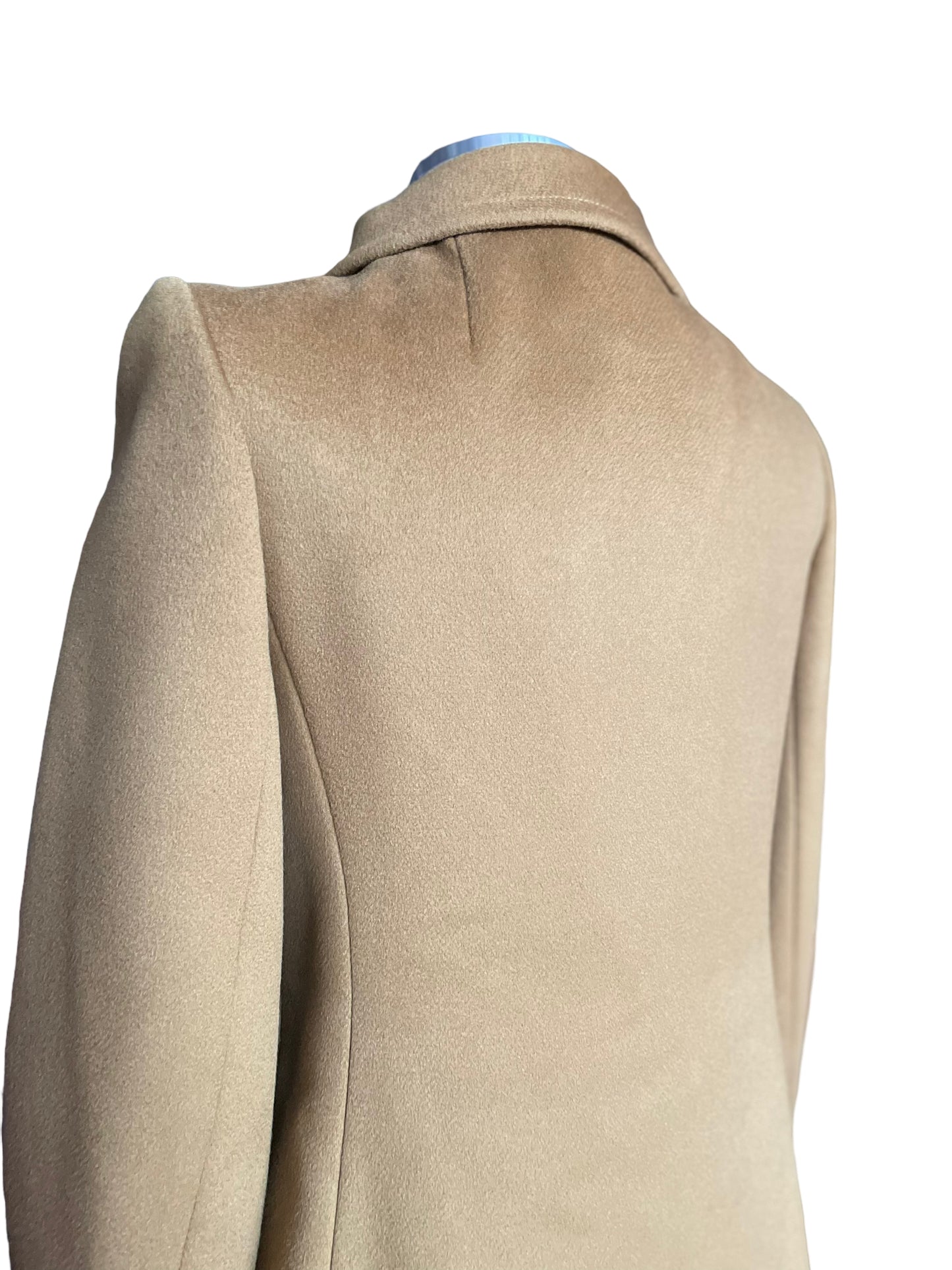 Left back shoulder view of Vintage 1960s Calvin Klein Mod Camel Coat SZ S-M | Seattle True Vintage | Barn Owl Vintage Coats