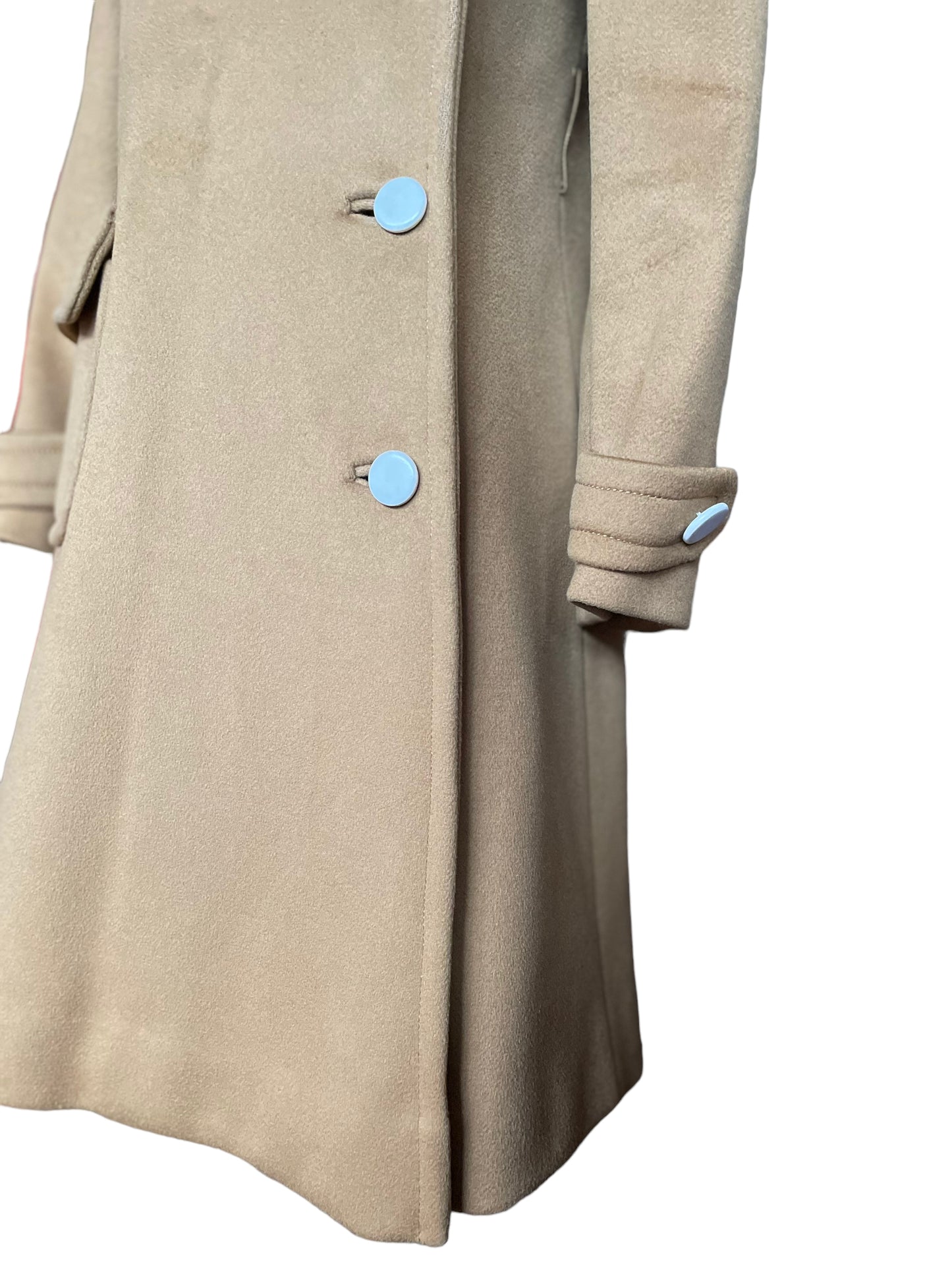 Lower left side view of Vintage 1960s Calvin Klein Mod Camel Coat SZ S-M | Seattle True Vintage | Barn Owl Vintage Coats
