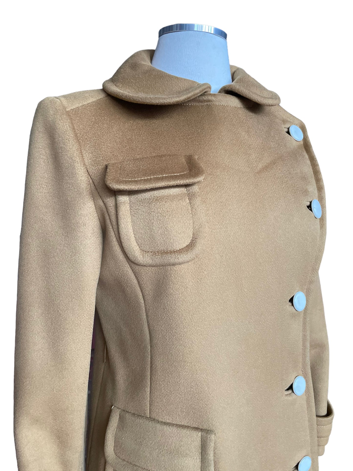 Right front shoulder view of Vintage 1960s Calvin Klein Mod Camel Coat SZ S-M | Seattle True Vintage | Barn Owl Vintage Coats