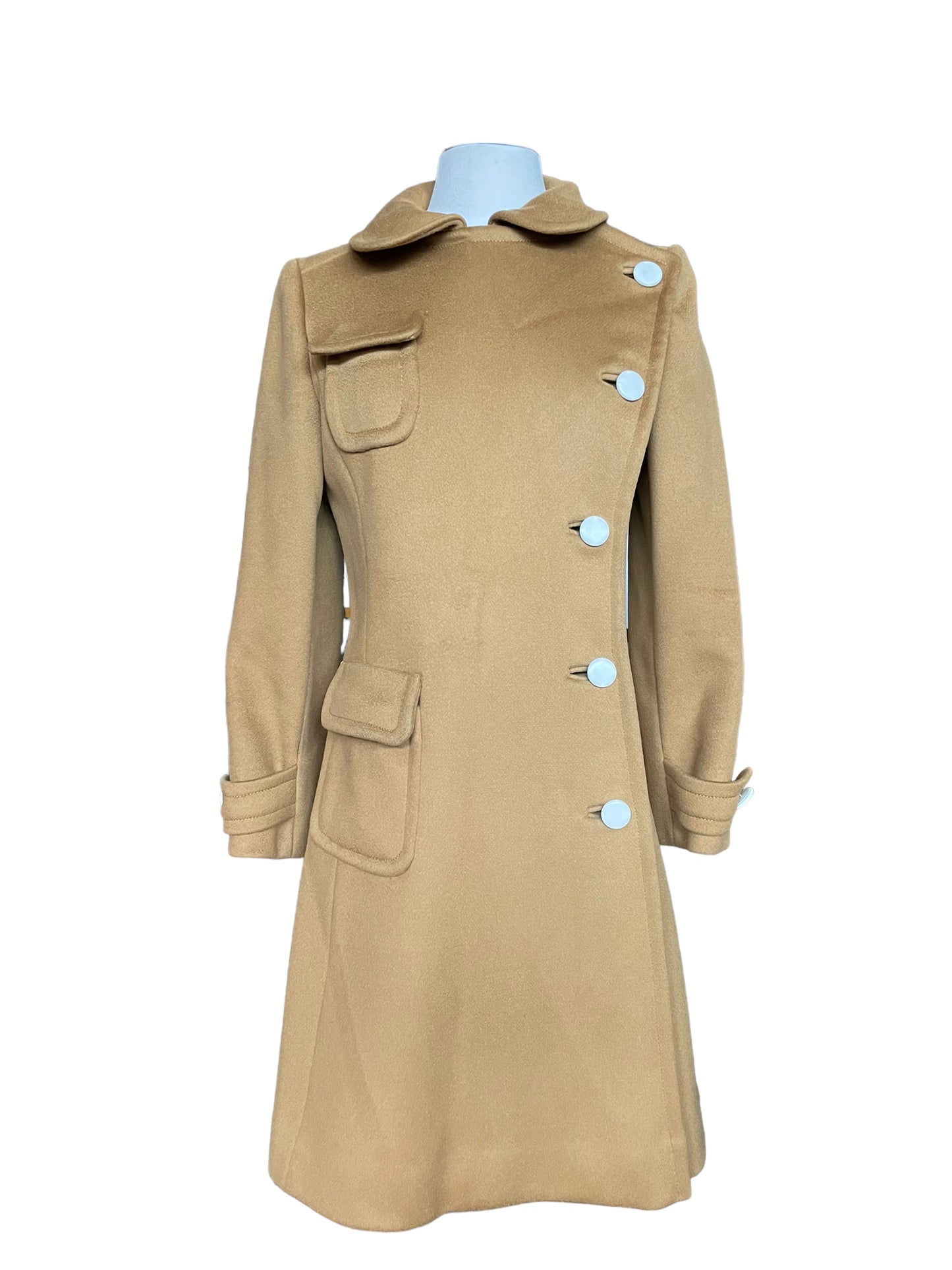 Full front of Vintage 1960s Calvin Klein Mod Camel Coat SZ S-M | Seattle True Vintage | Barn Owl Vintage Coats