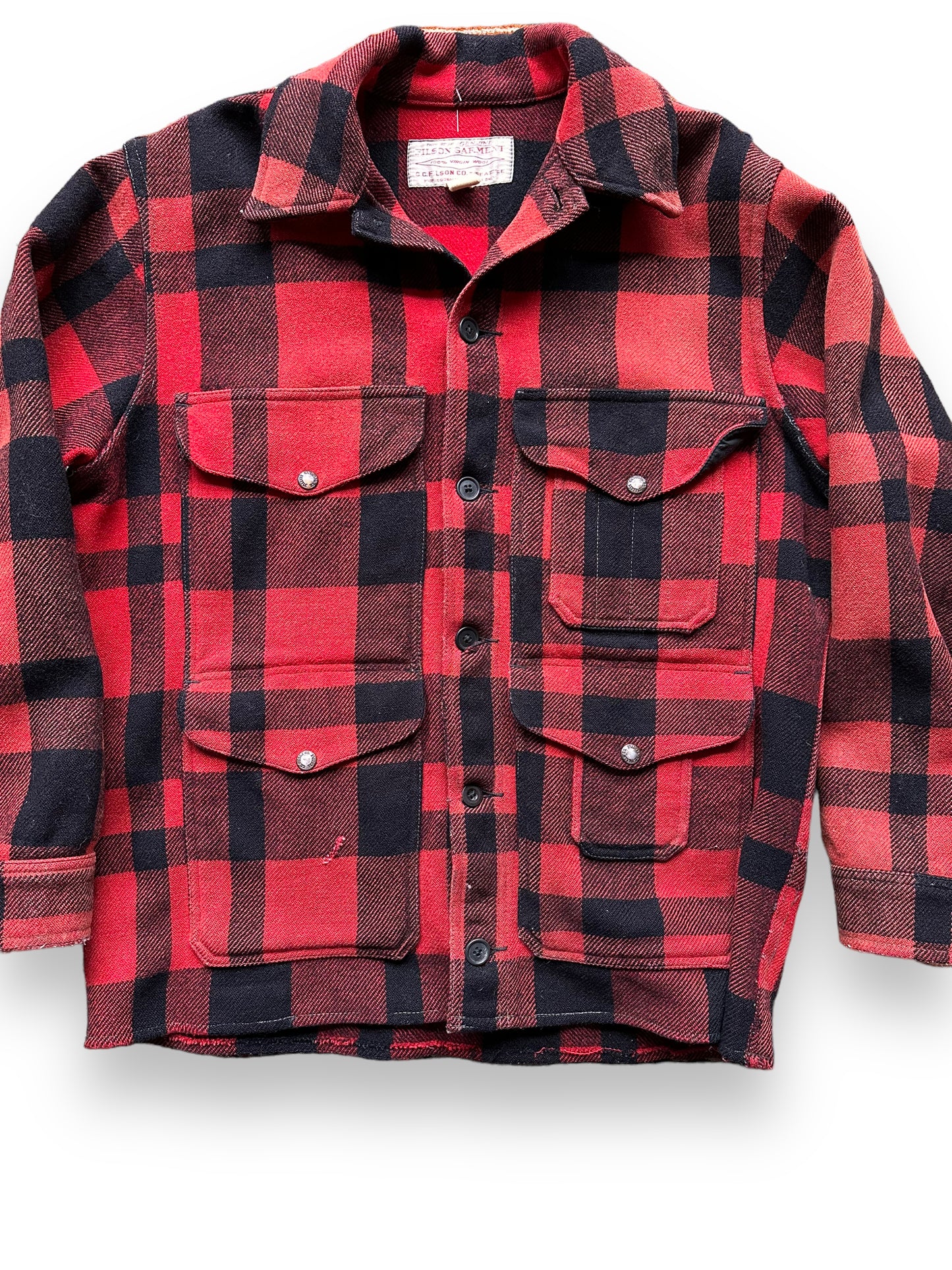 front close up Vintage 70s Filson Mackinaw Jacket SZ 44 | Barn Owl Vintage Goods | Vintage Filson Workwear Seattle