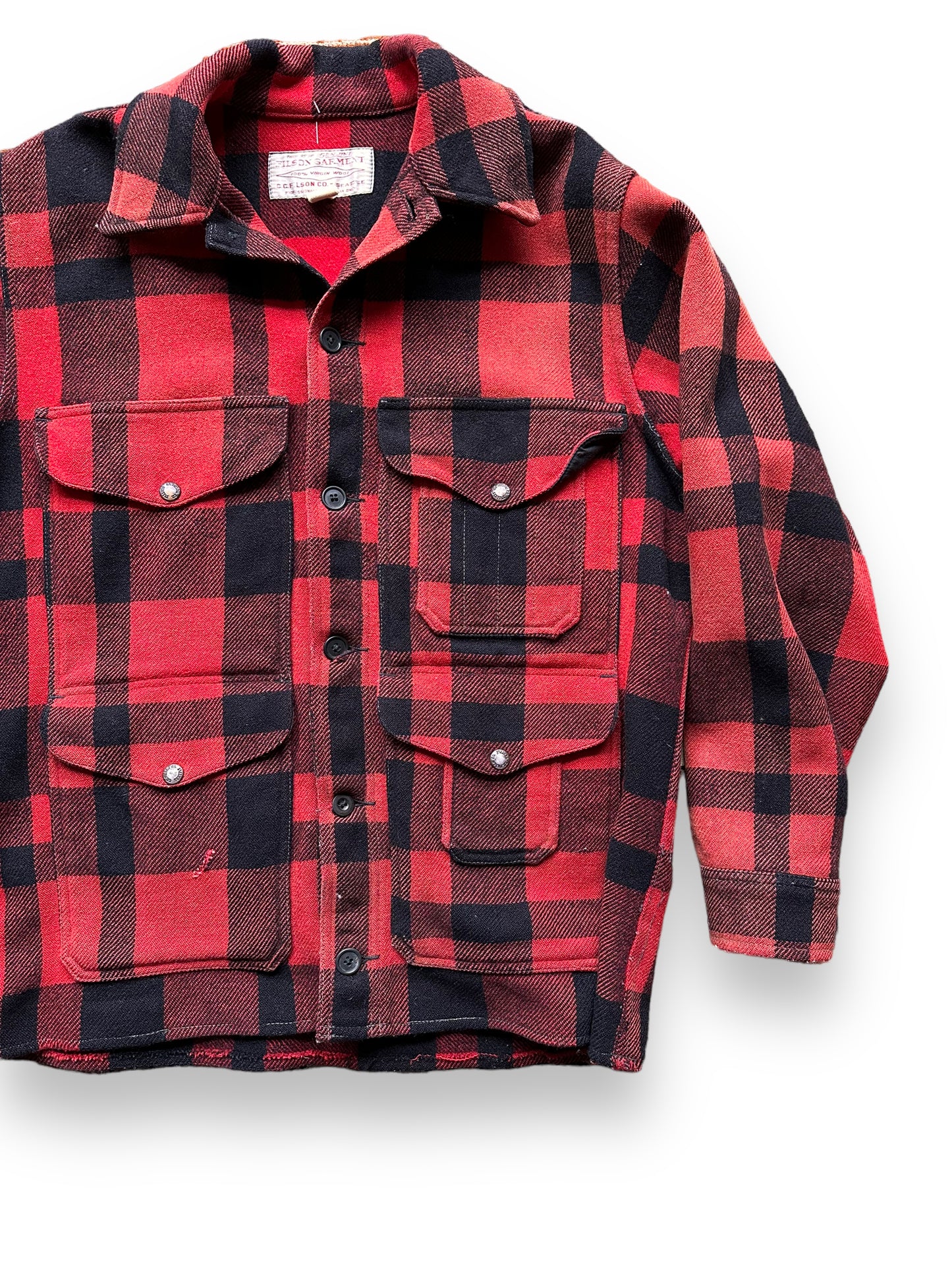 front left of Vintage 70s Filson Mackinaw Jacket SZ 44 | Barn Owl Vintage Goods | Vintage Filson Workwear Seattle